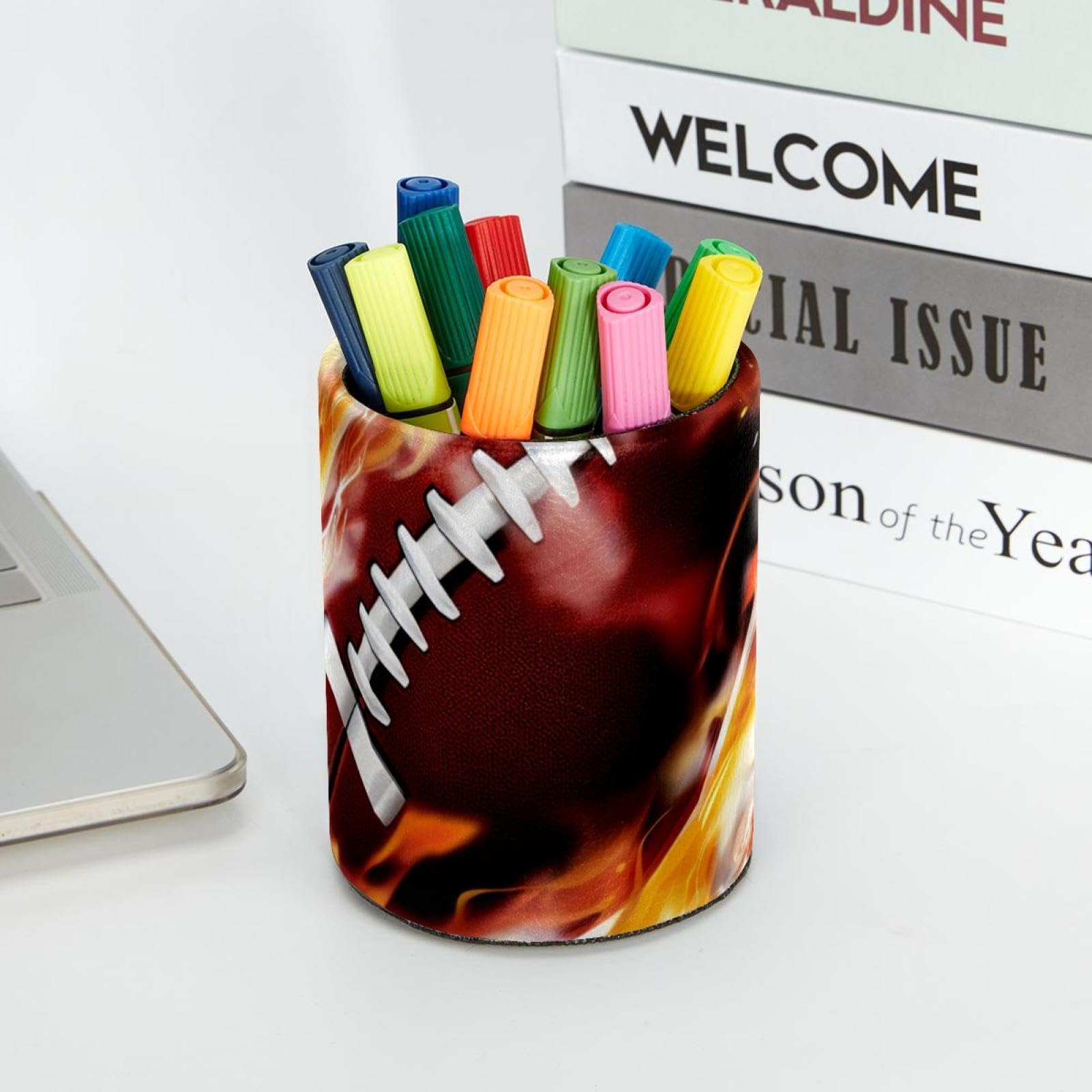 Stylish American Football & Fire-Themed Pen Holder for Desk - Premium Pen Organizer & Desk Accessories for Office, Home, or School Use