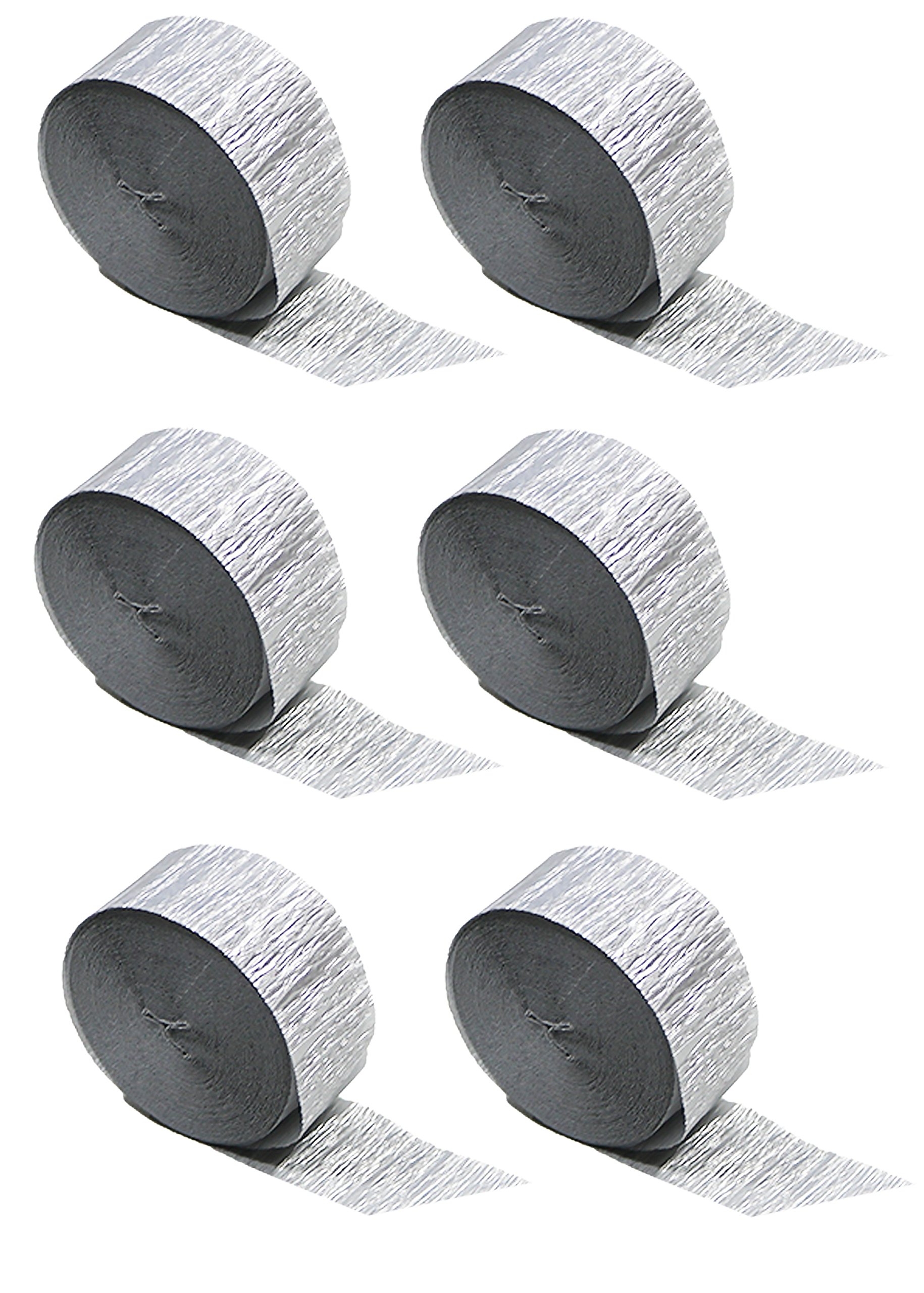 Metallic Silver Crepe Paper Streamers - 6 Rolls (423 Feet Total) for Party Decorations, Birthday Events & Wedding Backdrops