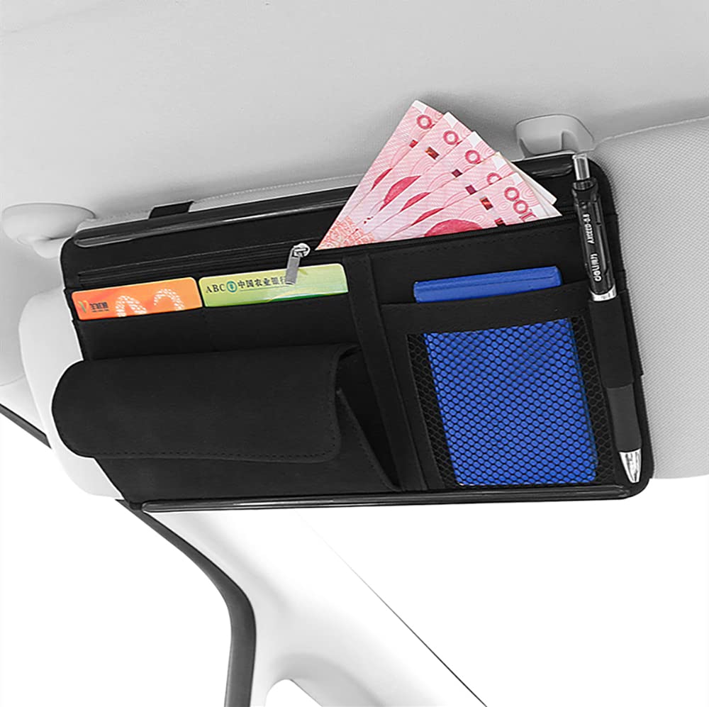 Premium Car Sun Visor Organizer - Suede Zipper Storage Bag for Glasses, Cards & Notes | Universal Car Accessories for Sunglasses Holder & Small Item Organization (Black) - Perfect for Road Trips, Commuting & Daily Driving