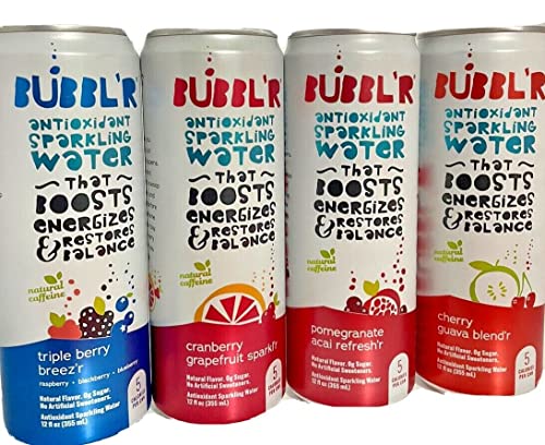 BUBBL'R Antioxidant Sparkling Water Variety Pack - Triple Berry Breez'r, Cranberry Grapefruit Sparkl'r, Pomegranate Acai Refresh'r, Cherry Guava Blend'r - 12 Fl Oz Cans (12-Pack) | Low-Calorie Healthy Beverage for Parties, Workouts & Daily Hydration