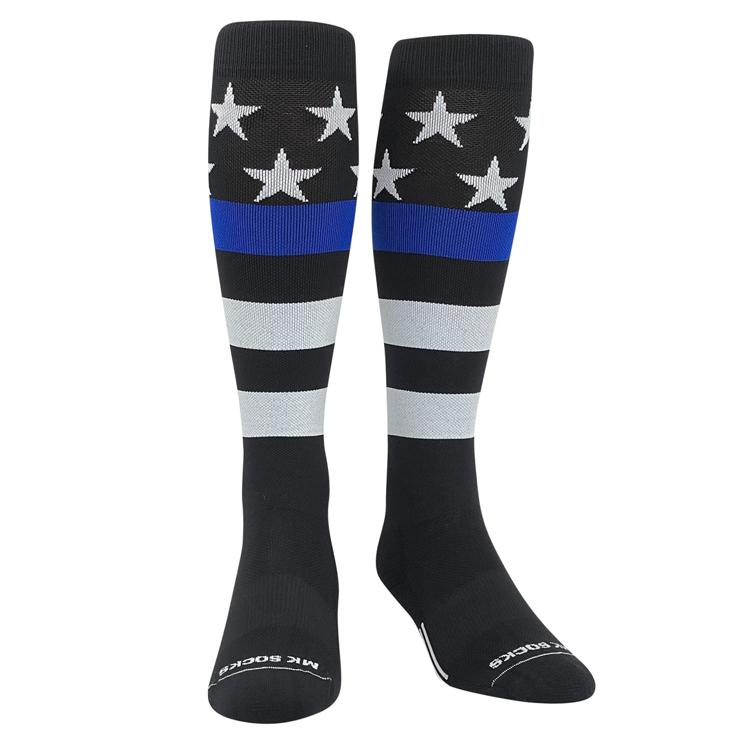 American Flag Thin Blue Line Police Knee High Socks - Patriotic Stars & Stripes Design for Sports, Running & Work - Support Law Enforcement Officers