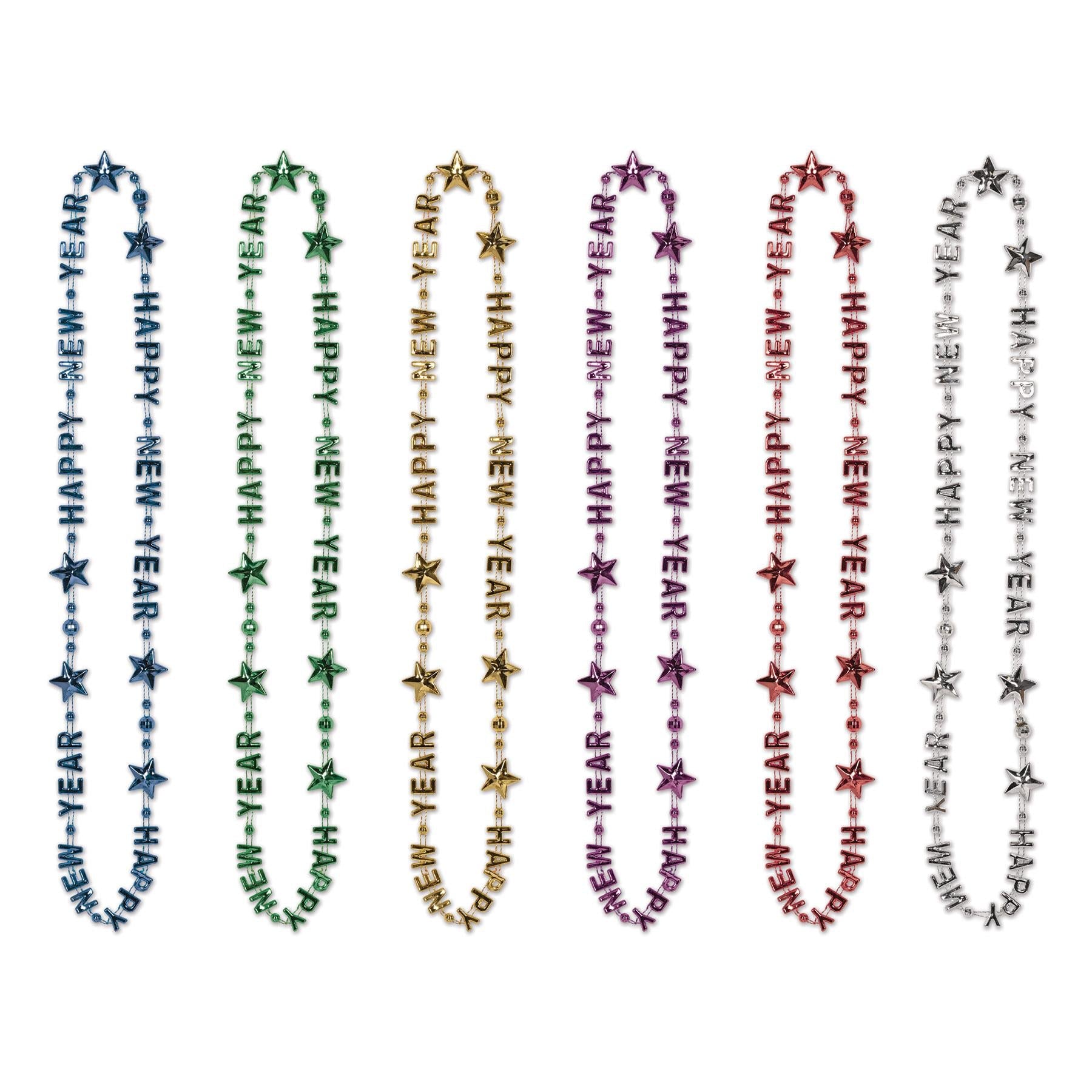 12 Pack Beistle Happy New Year Bead Necklaces - Multicolor Party Favors for New Year's Eve, Birthday & Mardi Gras Celebrations