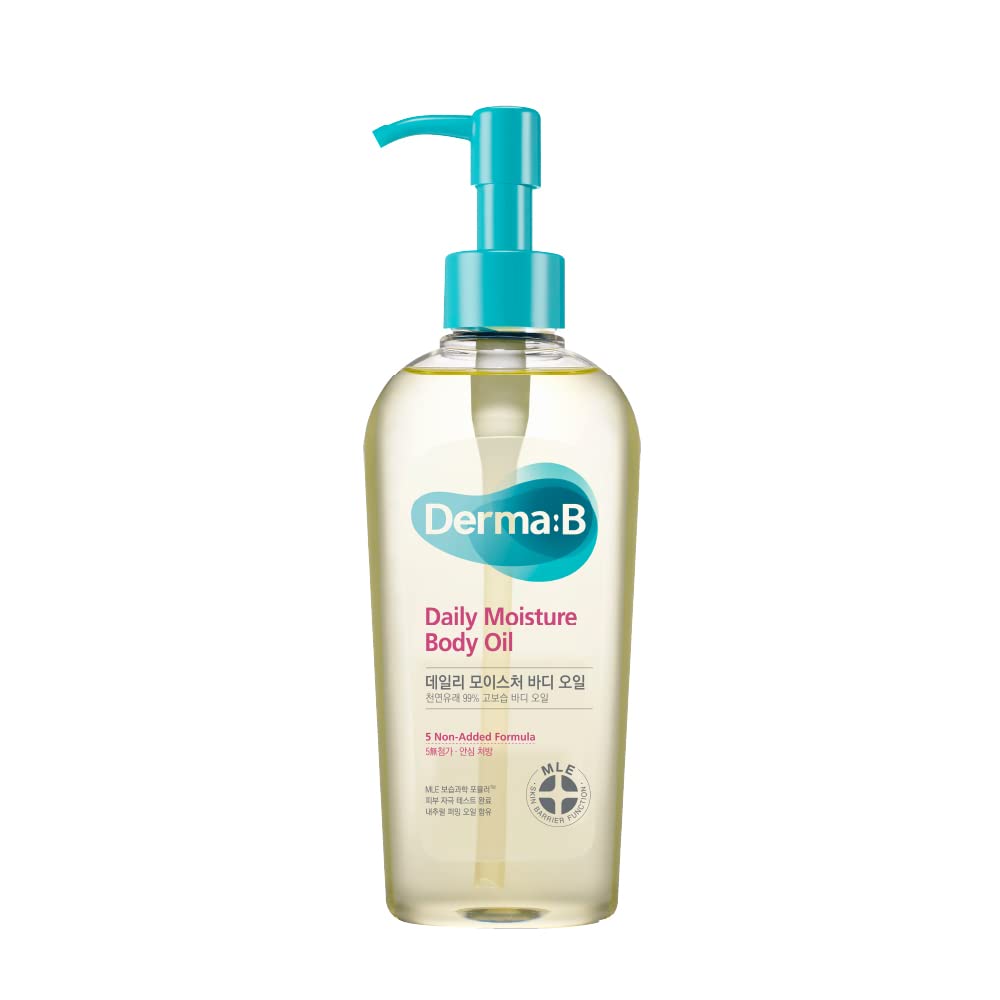 Derma B Daily Moisture Body Oil - 99% Natural Argan & Sweet Almond Oil for Dry Sensitive Skin | Lightweight Long-Lasting Hydration Shower Oil | Peach Scented Skin Care Body Oil 6.78 fl oz (200ml) | Perfect for Post-Shower Hydration & Daily Skin Nourishment