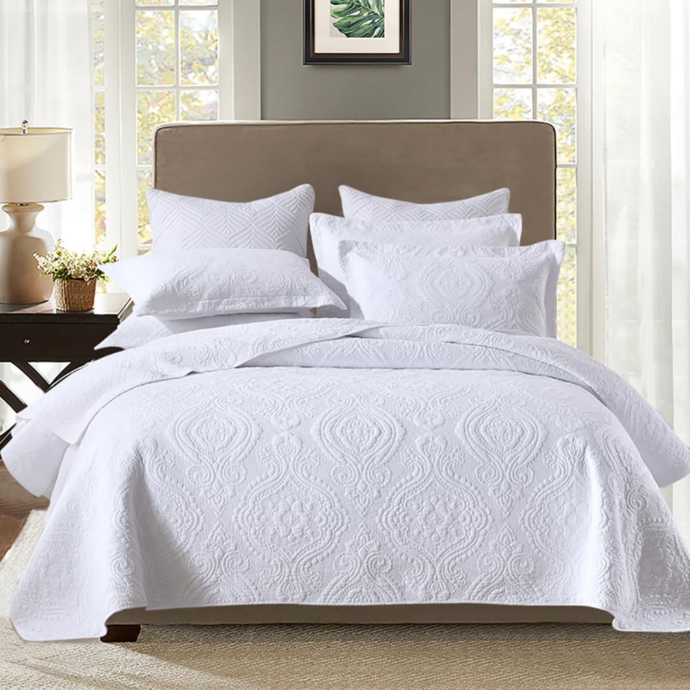 Mixinni White Paisley Printed Cotton Quilt Set - Queen Size Bedding for Master Bedroom, Guest Room & Cozy Home Decor