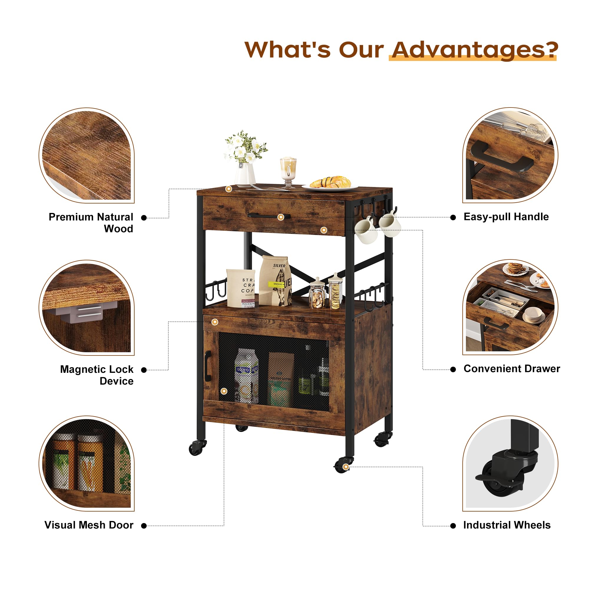 Homeiju Kitchen Island Cart with Drawer - Mobile Storage Cabinet with Wheels, Microwave Stand & Coffee Station - Perfect for Small Kitchens, Dining Rooms & Apartment Living