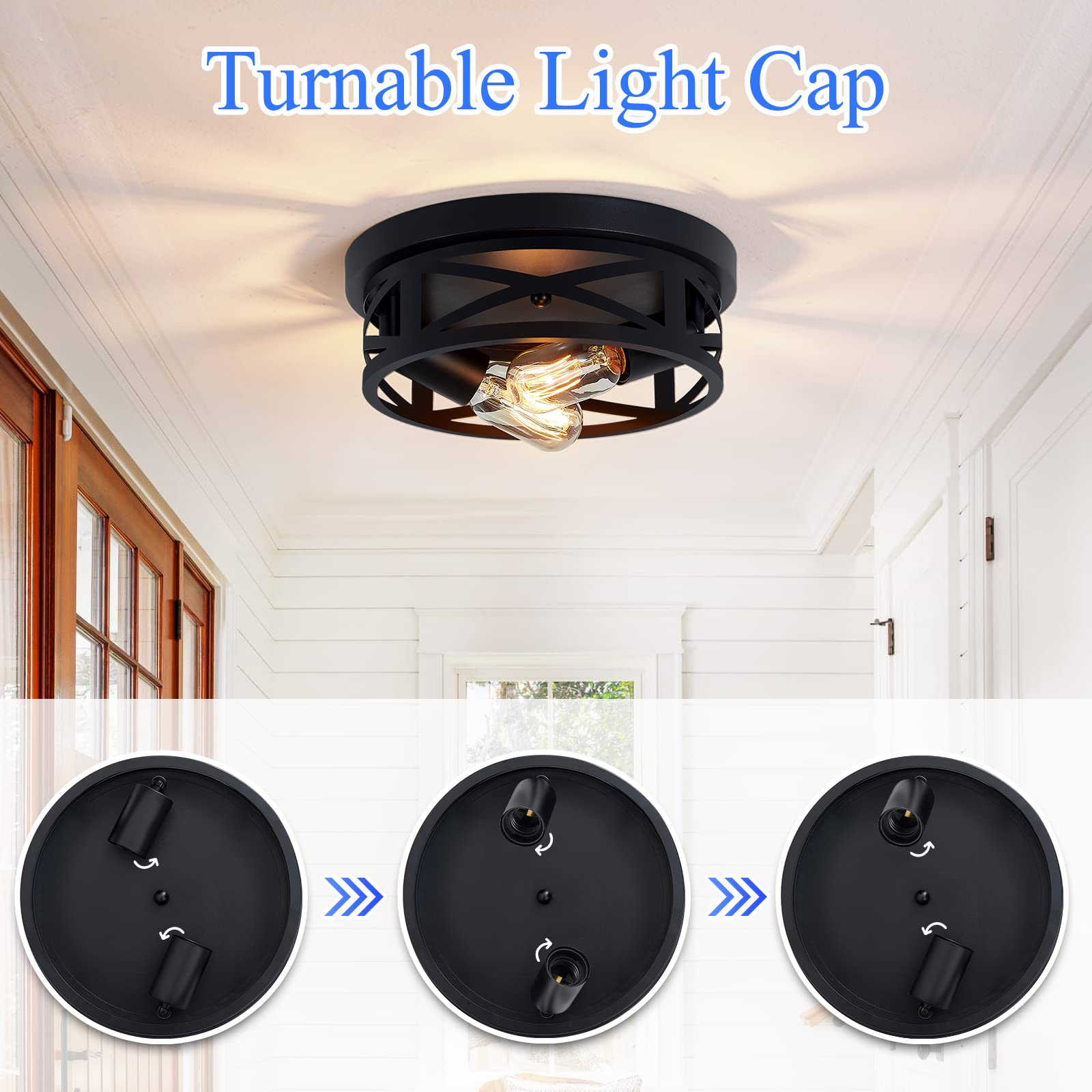 Black Flush Mount Ceiling Light Fixture - 2 Pack Modern Farmhouse Lighting for Hallway, Kitchen & Bedroom - Energy Efficient LED Compatible - Easy Installation Indoor Ceiling Lights for Home Decor