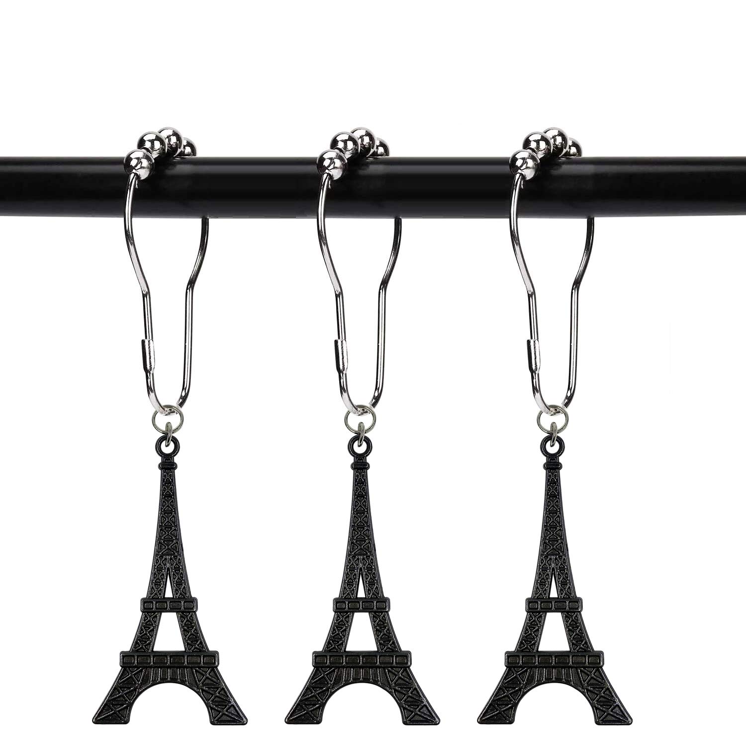 12 Pack Eiffel Tower Shower Curtain Hooks - Parisian Themed Rustproof Bathroom Accessories for French Chic Cottage Style Decor (Black) - Perfect for Paris Theme Bathrooms, Vintage Home Decor & Gift Ideas