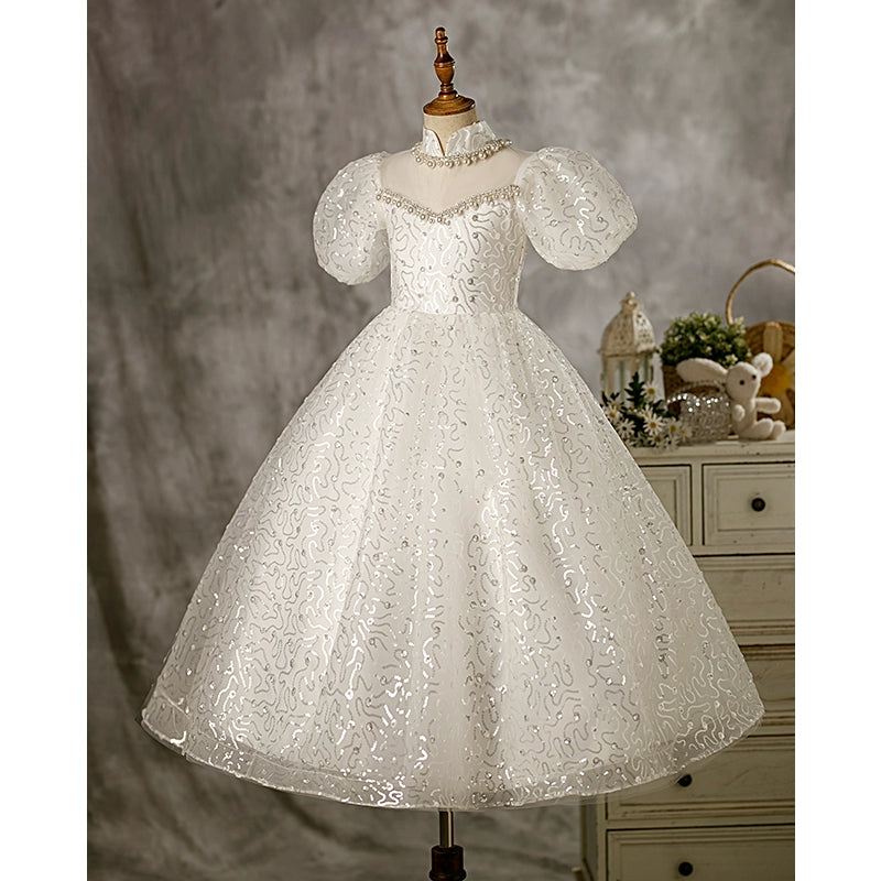 White Princess Mock Neck Floor Length Organza Flower Girl Dress for Weddings, Baptisms & Special Occasions