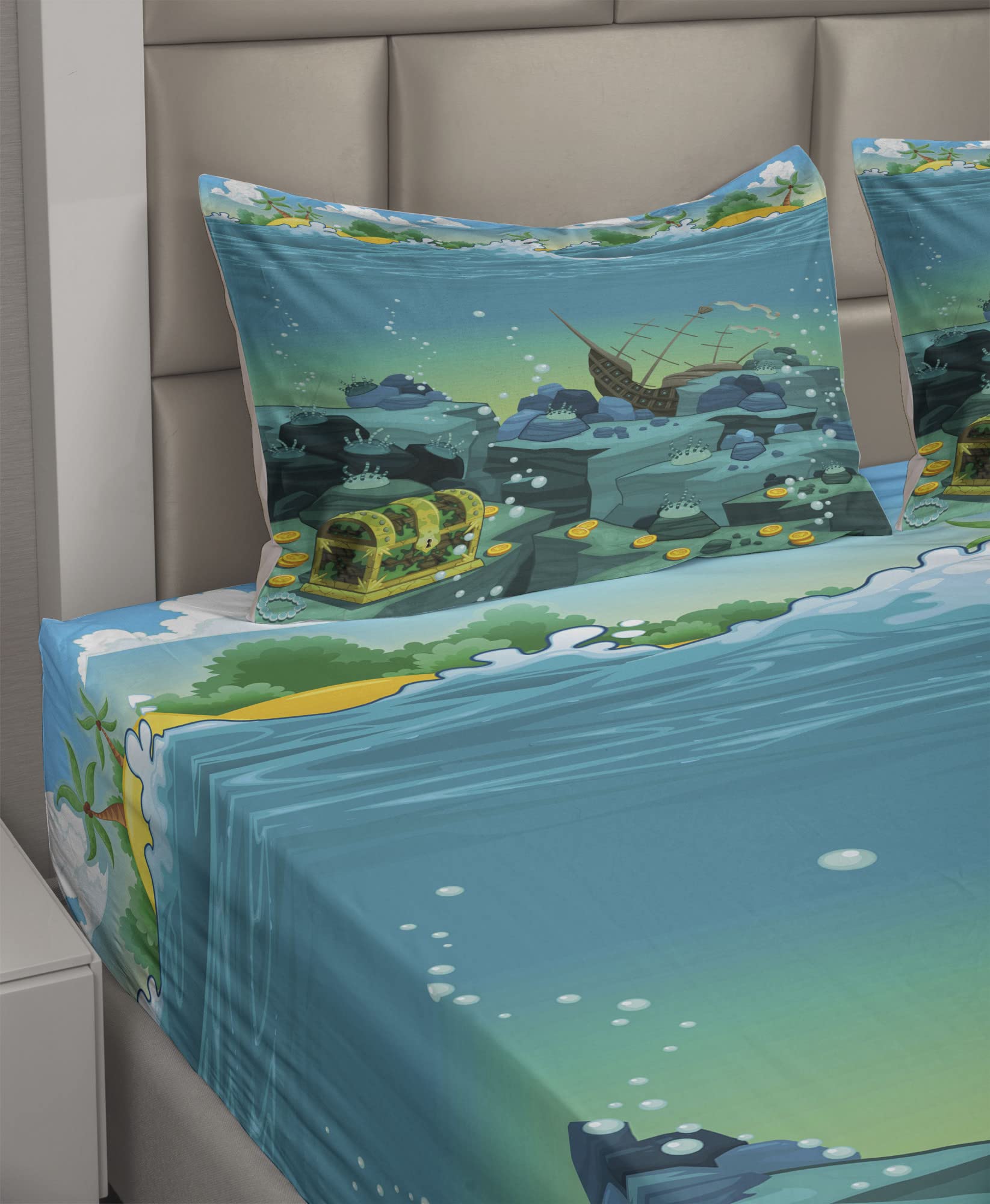 Ambesonne Pirate Ship Cartoon Bed Sheet Set - 4 Piece King Size Seascape Underwater Treasure Galleon & Sunken Ship Print Bedding with Fitted Sheet, Flat Sheet & Pillowcases - Teal & Yellow Nautical Theme for Kids Room, Teen Bedroom or Pirate Themed Decor