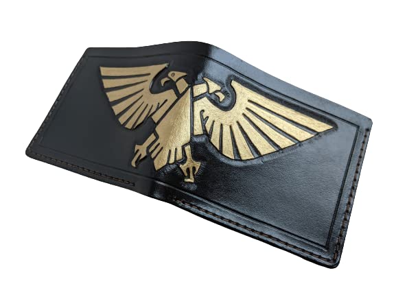 Golden Aquilla Warhammer 40k Men's Genuine Leather Bifold Wallet - Handmade 3D Carved & Airbrush Art Custom Personalized Tooled Wallet for Gamer Gift & Cosplay Accessories