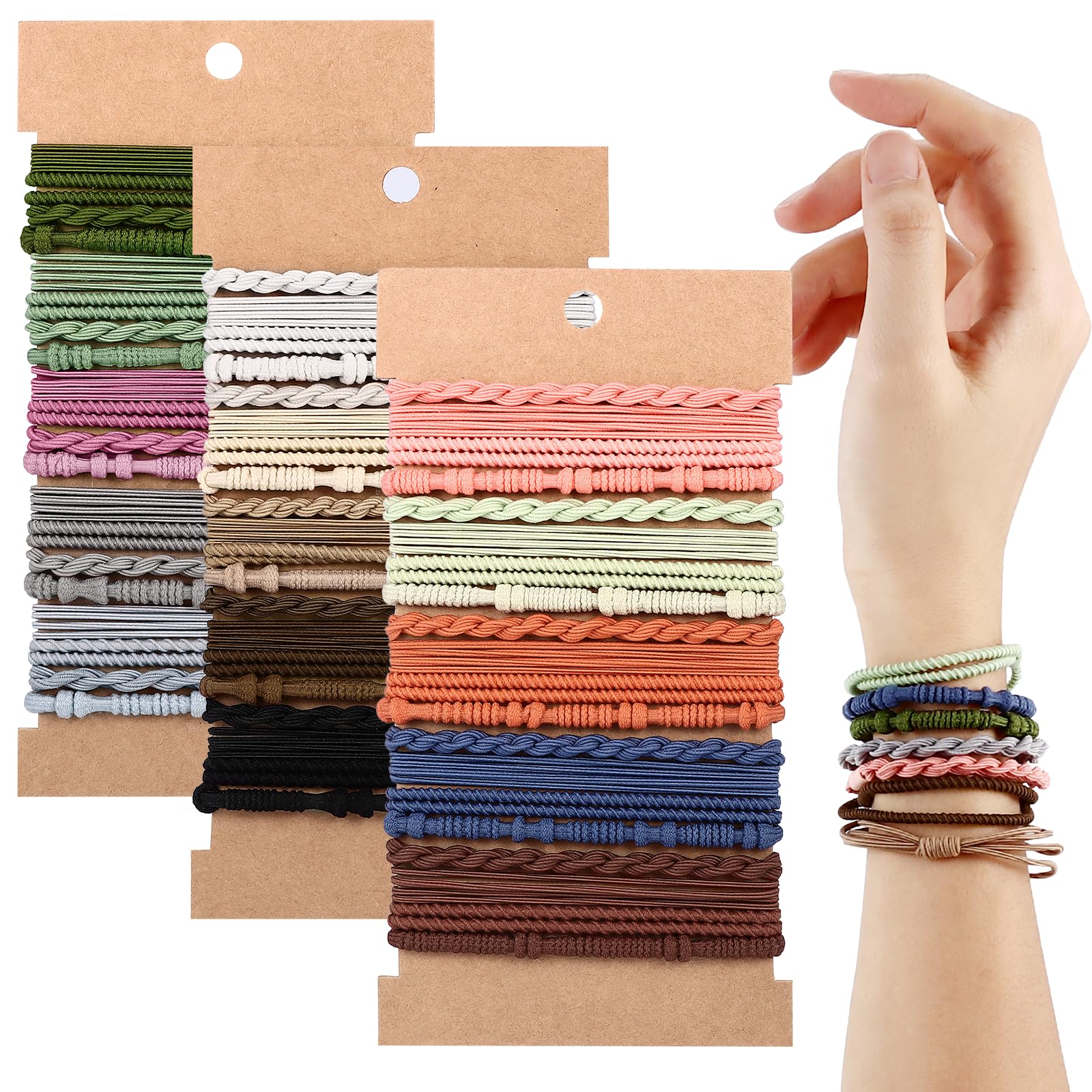 60 Pcs Boho Hair Ties Set - 4 Styles Elastic Hair Tie Bracelets for Women & Girls (Thick/Thin Hair) - Perfect for Ponytails, Braids & Everyday Wear