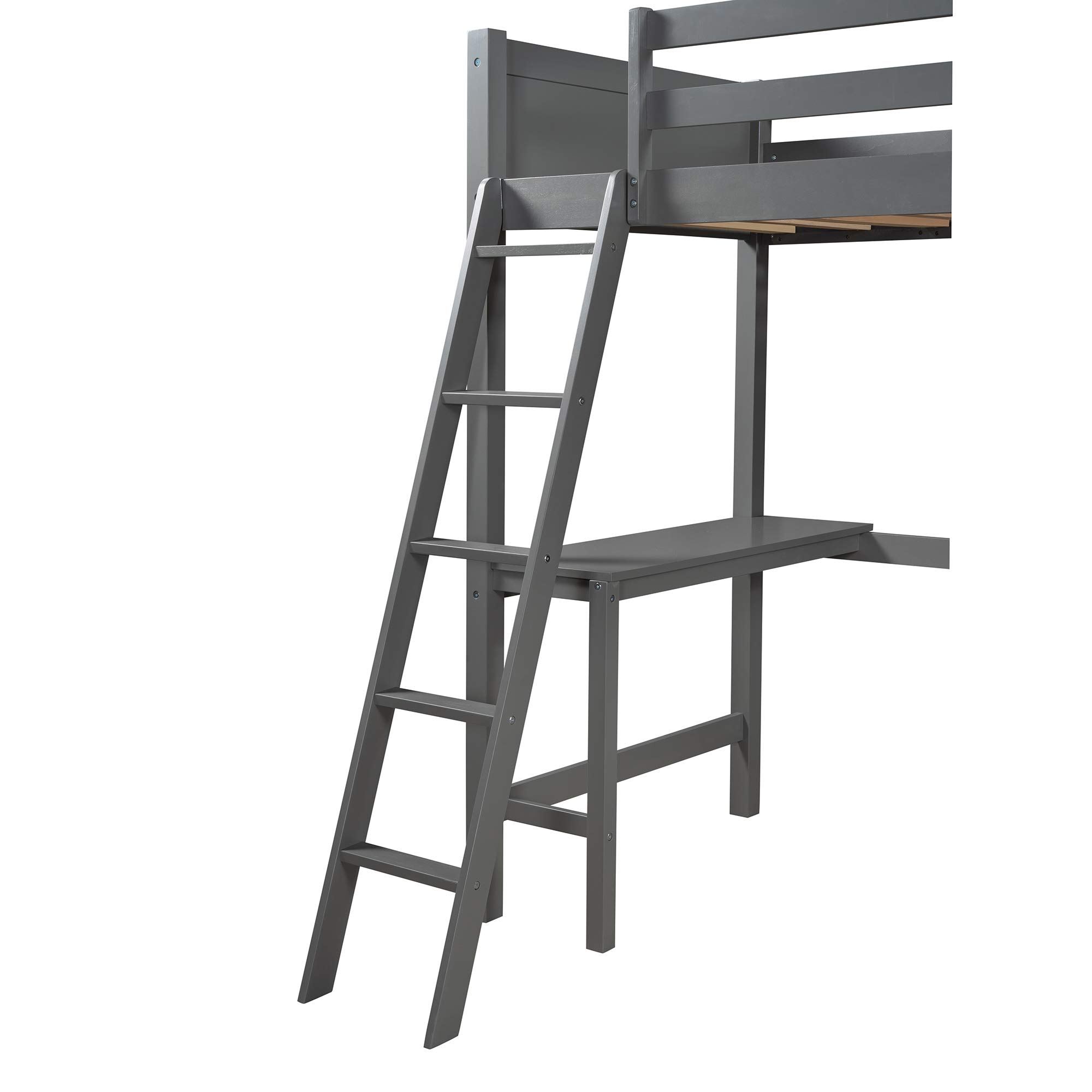 **Kids Twin Loft Bed with Study Desk & Safety Rail - Wooden Bunk Bed with Adjustable Angled Ladder (Left/Right Placement) - Space-Saving Gray Bed for Small Rooms, Dorms & Apartments**