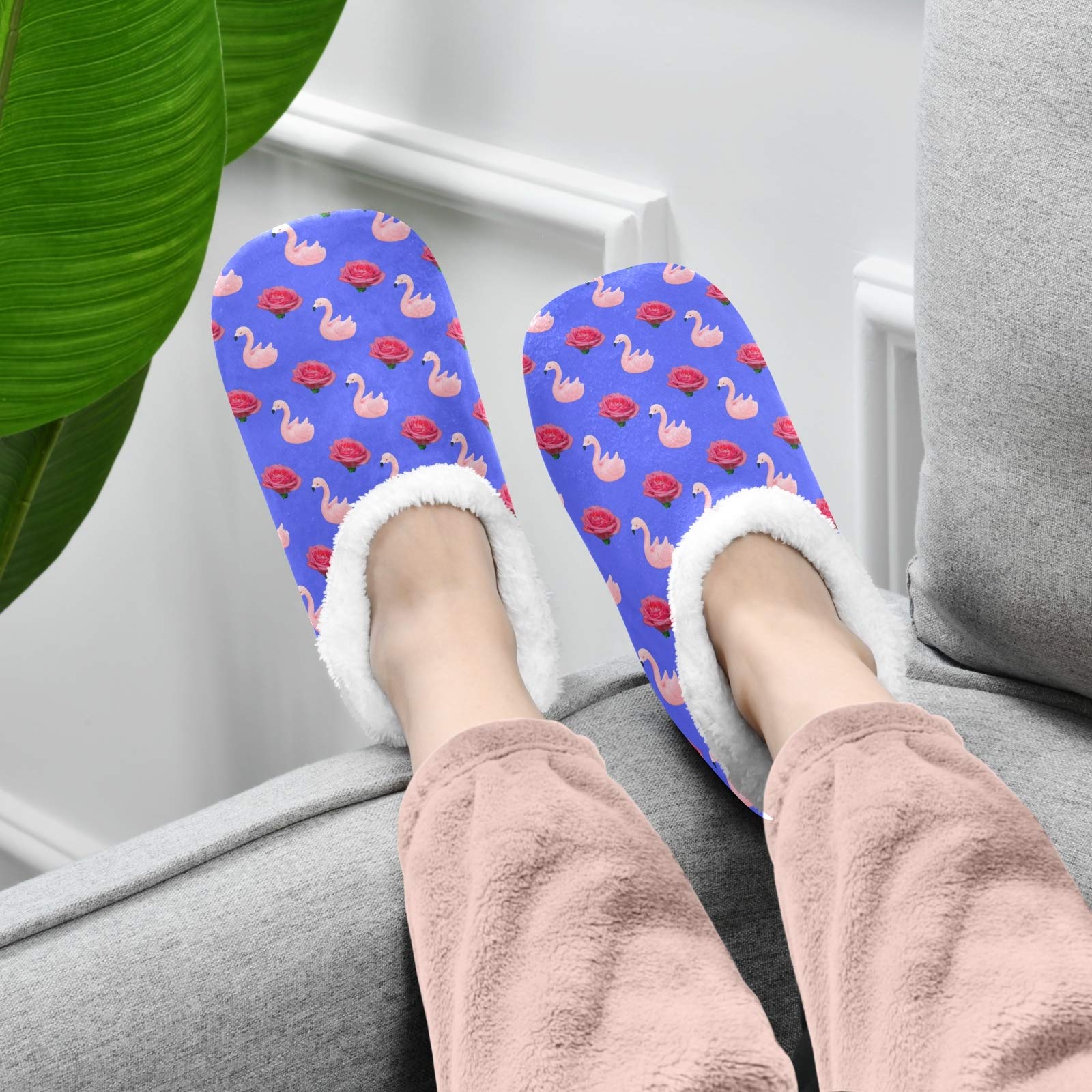 Women's & Men's Cozy Fleece House Slippers with Pink Flamingo & Rose Design - Warm Winter Indoor/Outdoor Slippers for Home, Office & Travel