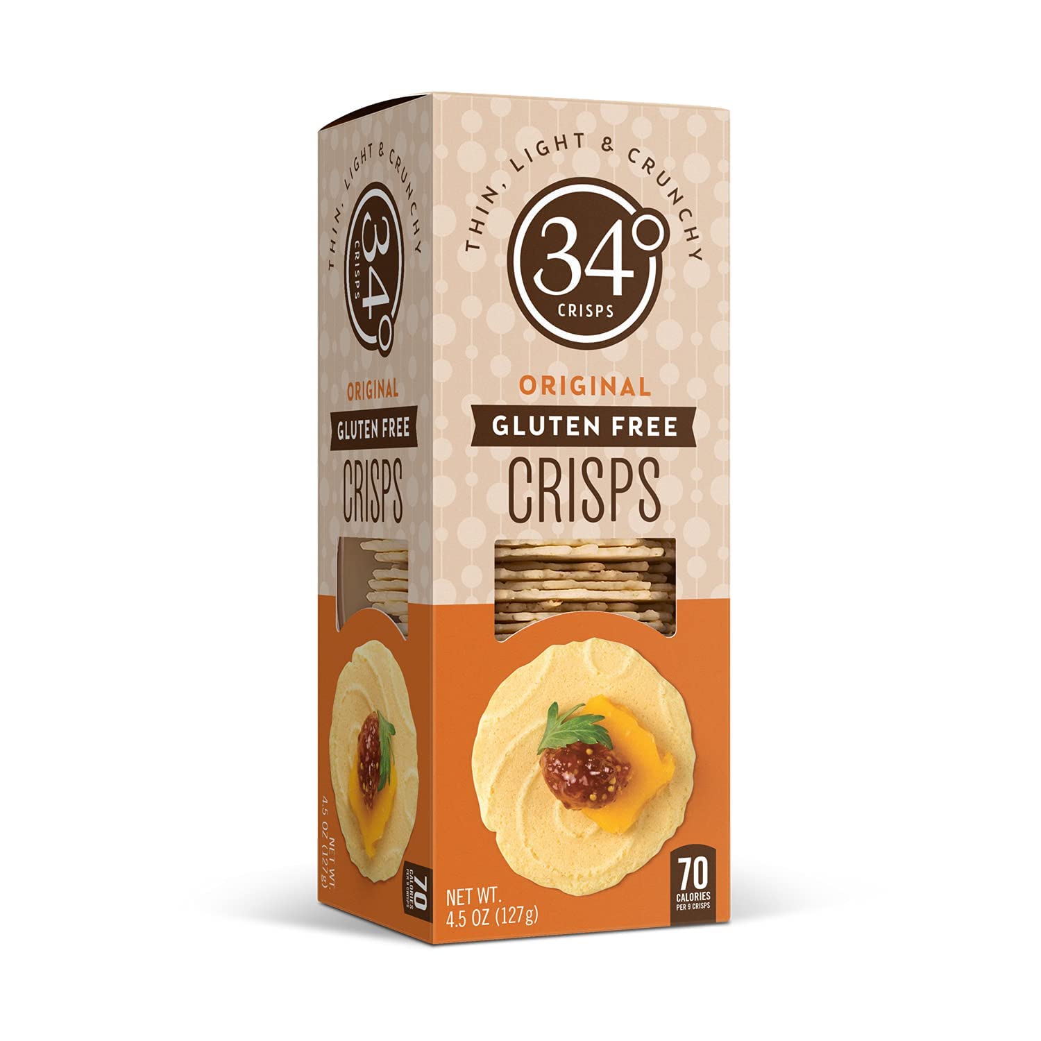 34 Degrees Crisps - Original Gluten Free Snacks | Thin, Light & Crunchy Gluten-Free Crackers, 3-Pack (4.5oz Each) | Perfect for Parties, School Lunches & Healthy Snacking
