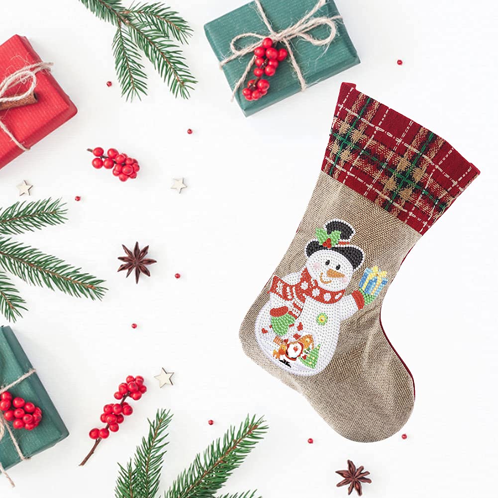 LUSandy DIY 5D Diamond Painting Christmas Stockings - 14 Inch Snowman & Gift Diamond Art Candy Bags for Xmas Fireplace Decor | Holiday Party Hanging Stockings for Family Christmas Decoration | Perfect for Home, Office & Gift Giving