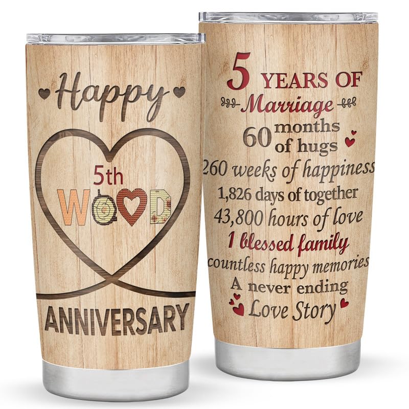 5th Anniversary Wedding Gift - 20 oz Stainless Steel Vacuum Insulated Tumbler | Romantic Keepsake for Couples, Mom, Dad, Wife, Sister | Personalized 5-Year Wedding Gift Idea for Coffee & Tea Lovers | Perfect for Daily Use, Office & Travel