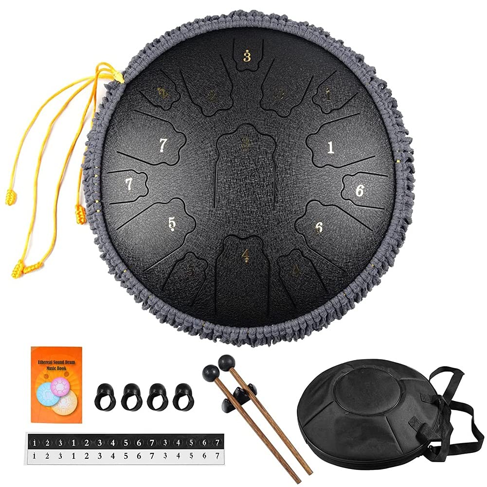 HZTEC 14 Inch 15 Note Steel Tongue Drum - Handpan Percussion Instrument with Mallets & Carry Bag for Meditation, Yoga, Music Therapy (Black)