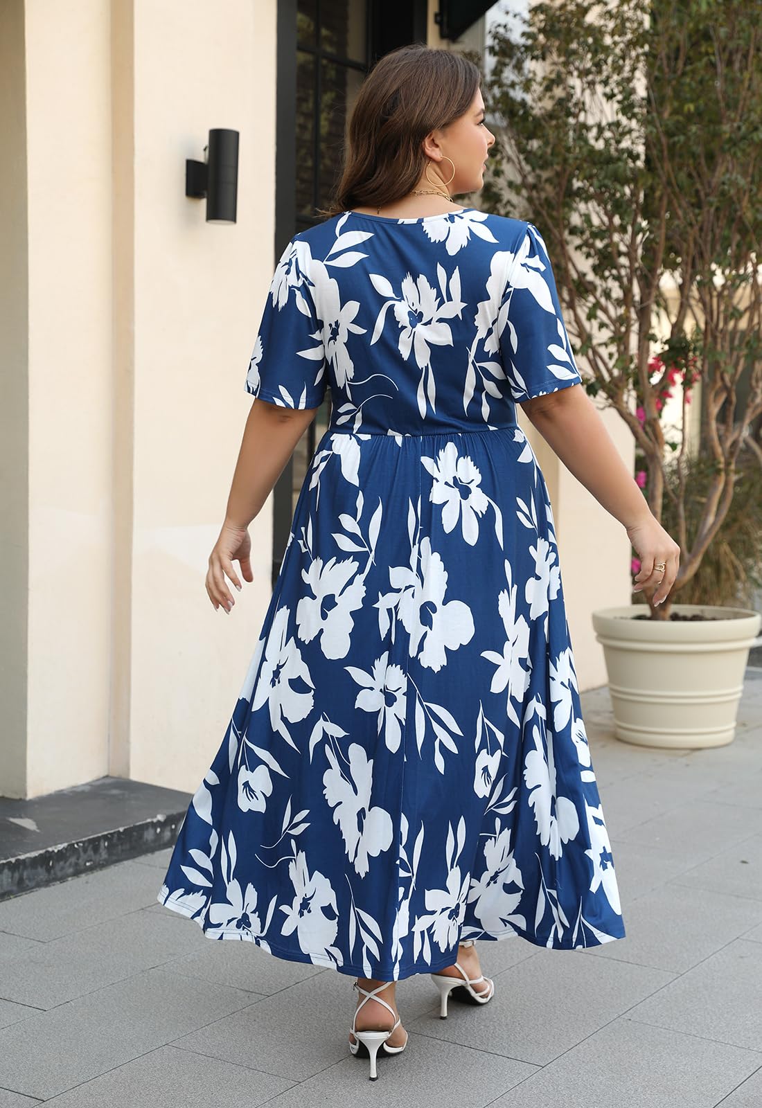 Keluummi Plus Size Wedding Guest Maxi Dress for Women - Floral 3/4 Sleeve Empire Waist Long Dress - Summer Casual Church, Garden Party & Special Occasion Outfit