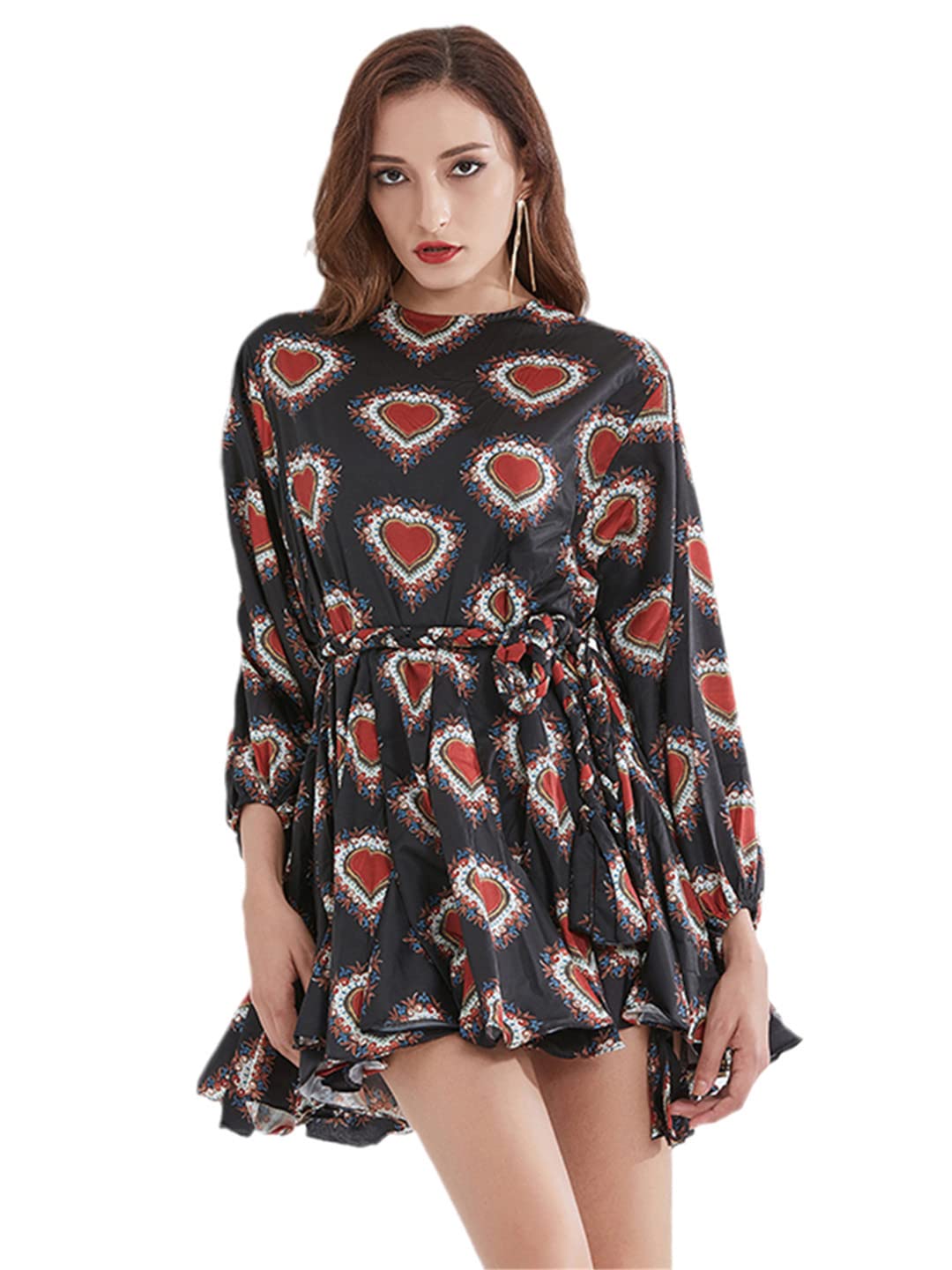 Women's Floral Print Dress with O-Neck, Balloon Sleeves & High Waist Tie Bow - Elegant Contrast Design for Parties, Weddings & Special Occasions