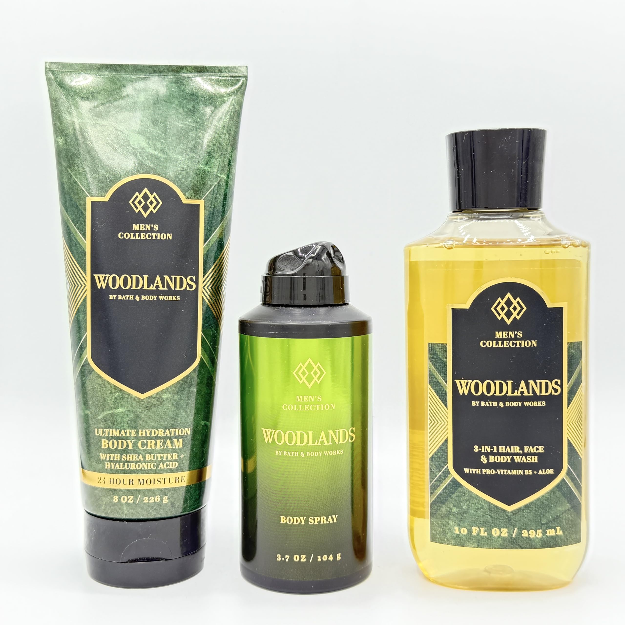 Woodlands Men's 3-Piece Bath & Body Gift Set - Hydrating Body Cream, Refreshing Body Spray & Moisturizing Body Wash for Dry Skin Care - Perfect for Shower, Travel & Grooming Routine