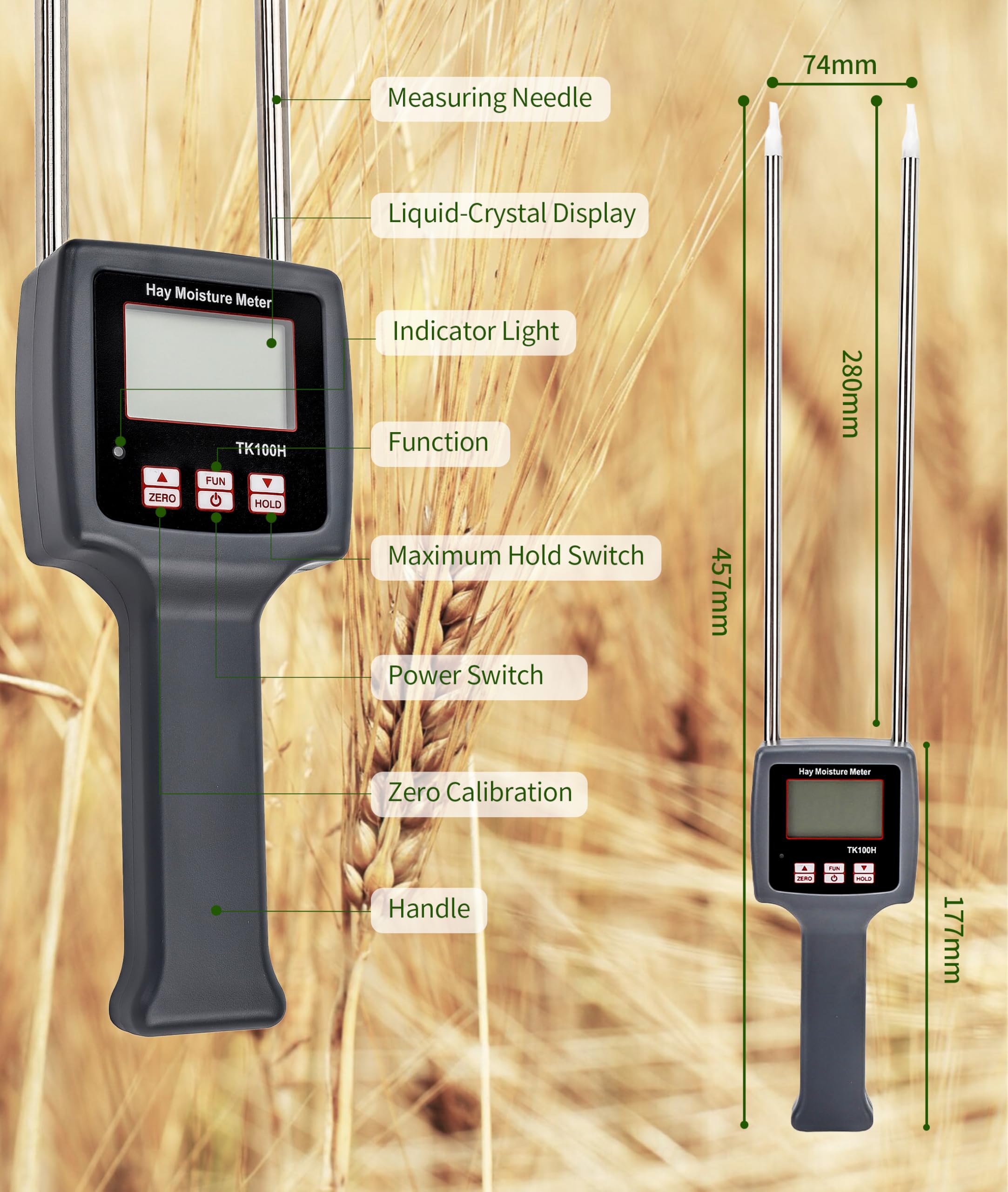 TK100H Portable Hay Moisture Meter with Probe - Fast & Accurate Forage Tester for Cereal, Straw, Grass, Alfalfa & Leymus | Ideal for Farm, Ranch & Feed Quality Control