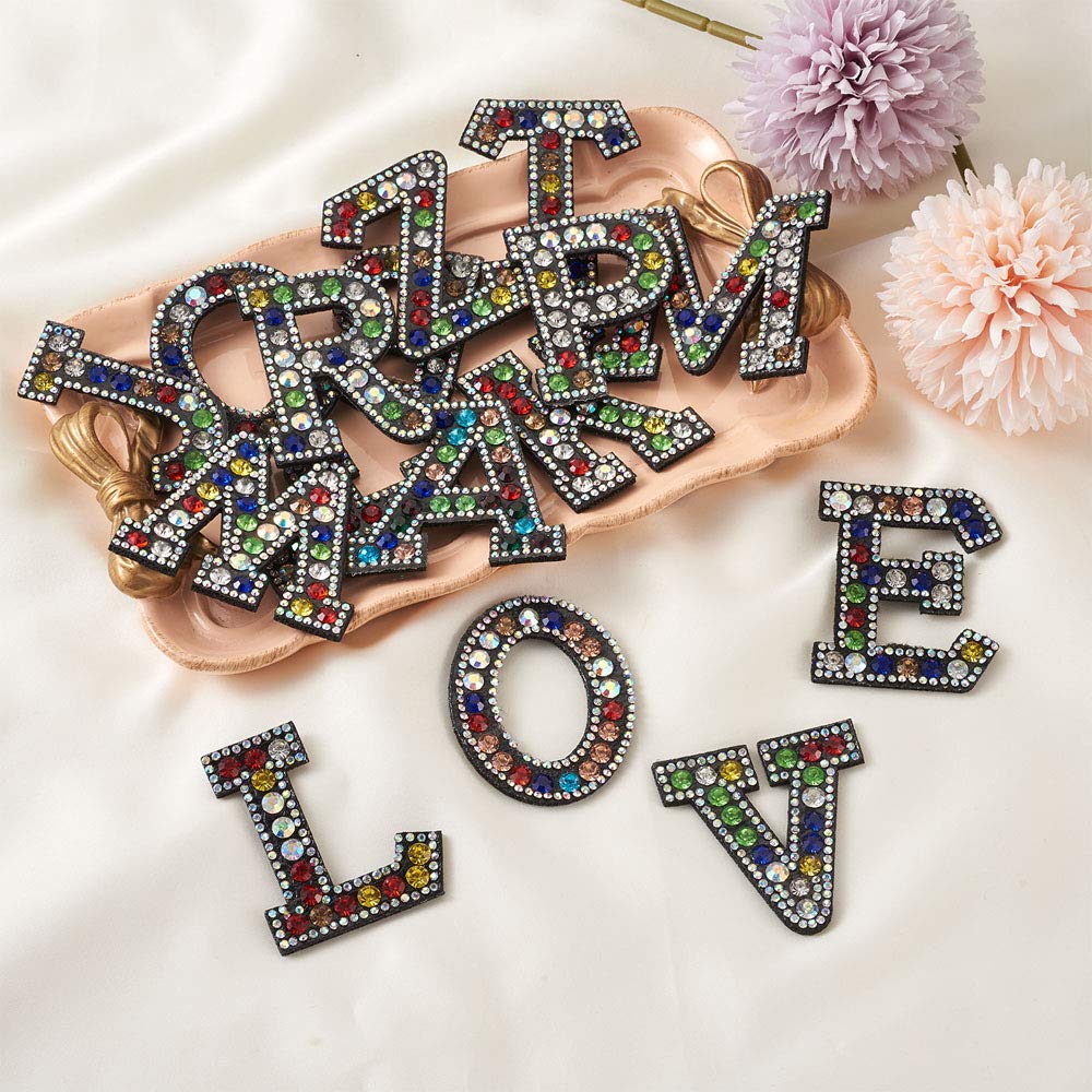 26pcs Rhinestone Letter A-Z Sew On/Iron On Alphabet Patches - DIY Garment Embellishments for Jackets, Jeans, Hats & Costumes - Sparkling Clothes Decor & Fashion Accessories (Perfect for Customizing Denim, Party Outfits & Biker Jackets)