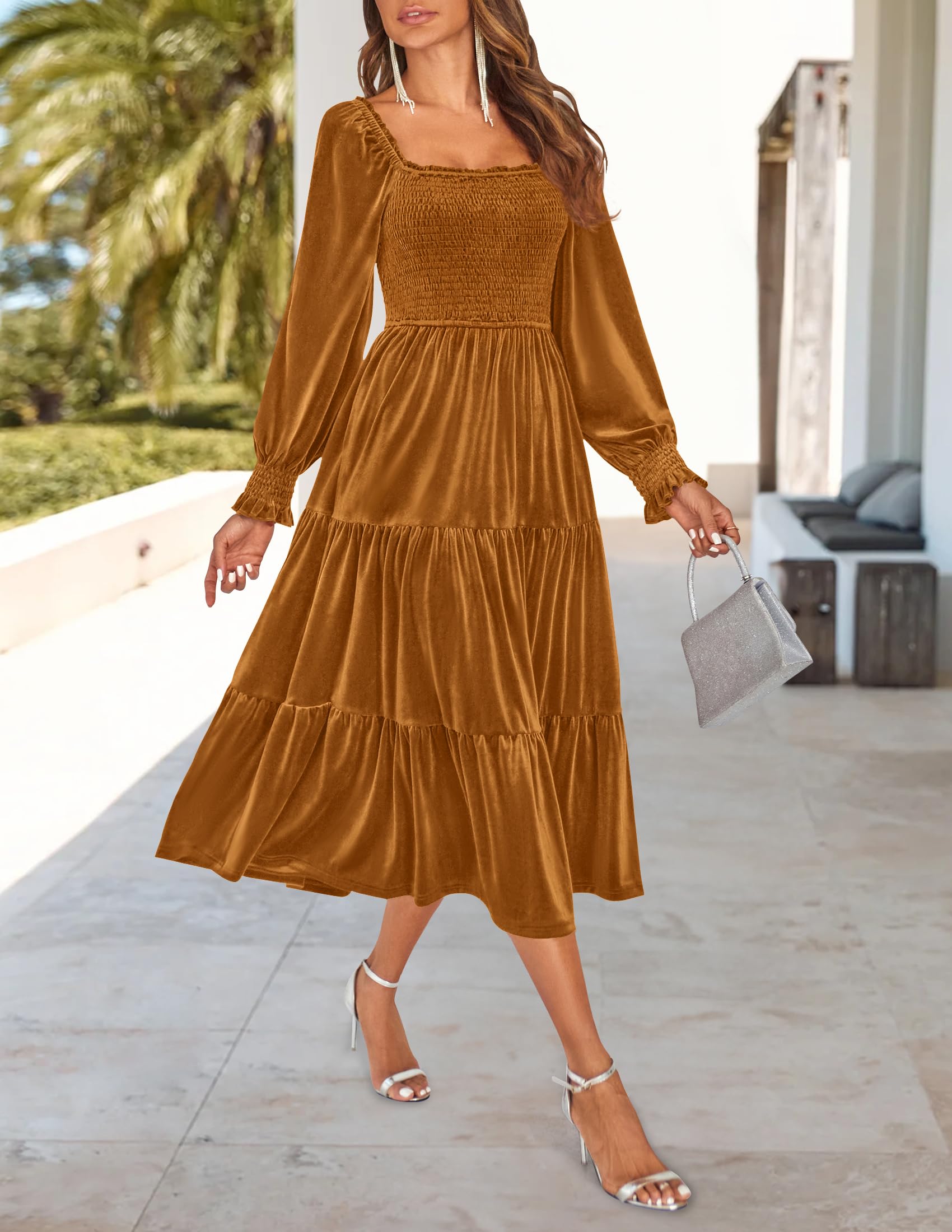 ZESICA Women's Velvet Long Sleeve Square Neck Smocked Ruffle A-Line Midi Dress with Pockets - Elegant Spring 2025 Flowy Dress for Parties, Weddings & Date Nights