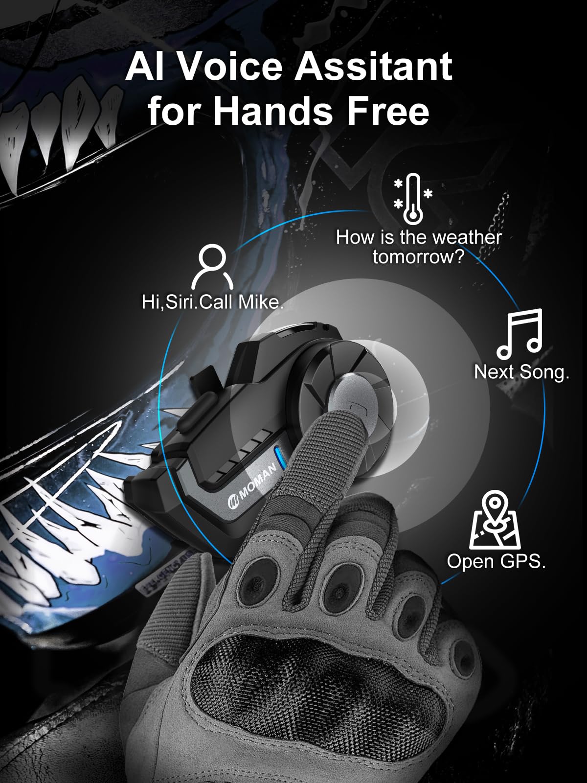 Moman H2 Pro Motorcycle Bluetooth Intercom Headset - Wireless 5.1 Communication System with DSP & CVC Noise Cancellation, AI Voice Assistant, Music Sharing (1 Pack, Black) - Perfect for Group Riding, Touring & Urban Commuting