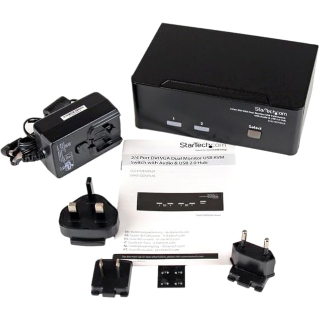StarTech.com 2 Port KVM Switch with DVI & VGA, Audio & USB 2.0 Hub - Dual Monitor Display for Home Office & IT Workstations (SV231DDVDUA) - Perfect for Multi-Computer Setup & Server Management