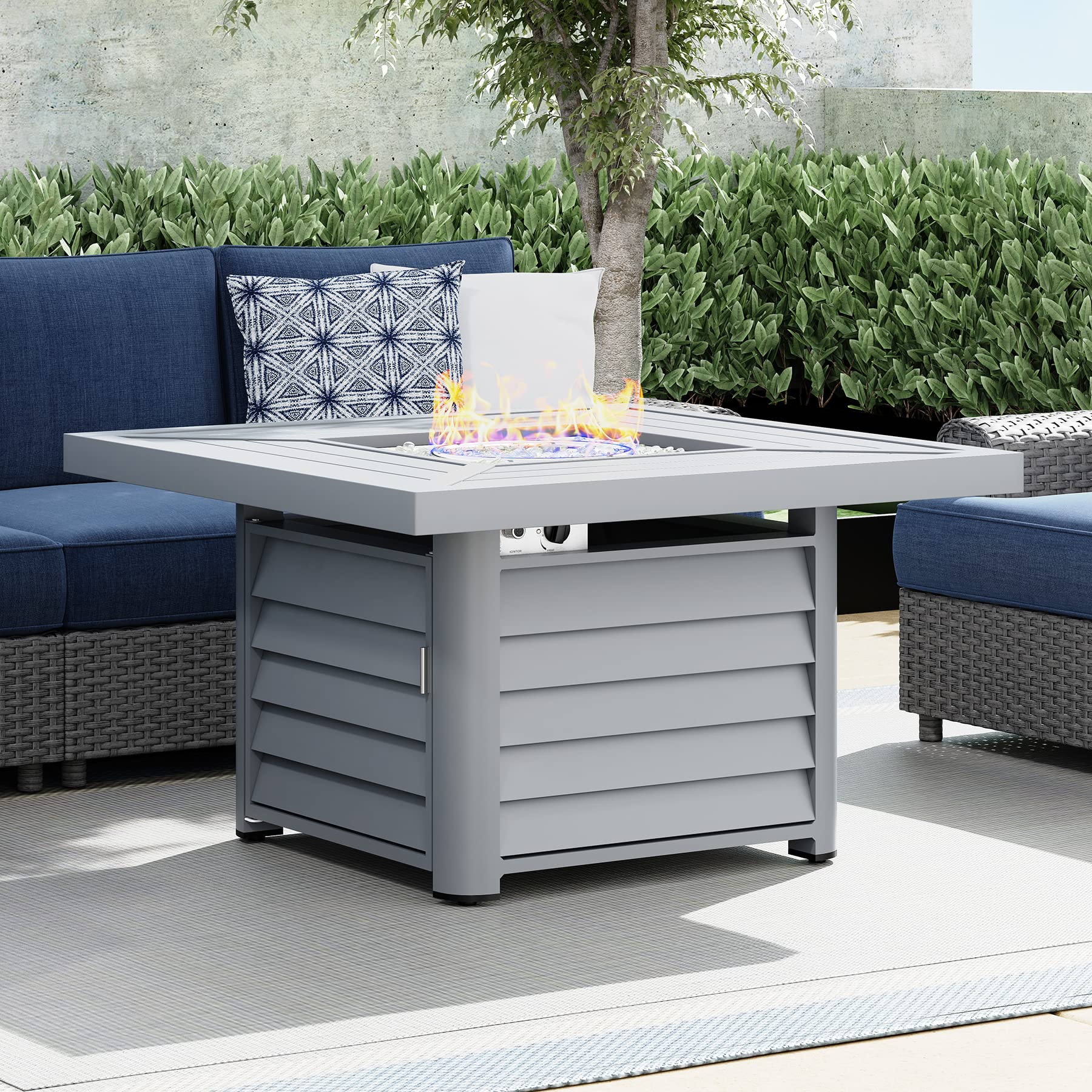 11-Piece Large Outdoor Patio Furniture Set with Fire Pit Table - 8-Seater All-Weather Wicker Conversation Set (6 Sofa Seats, 2 Ottomans & 2 Coffee Tables) for Backyard, Deck, Garden & Poolside Relaxation