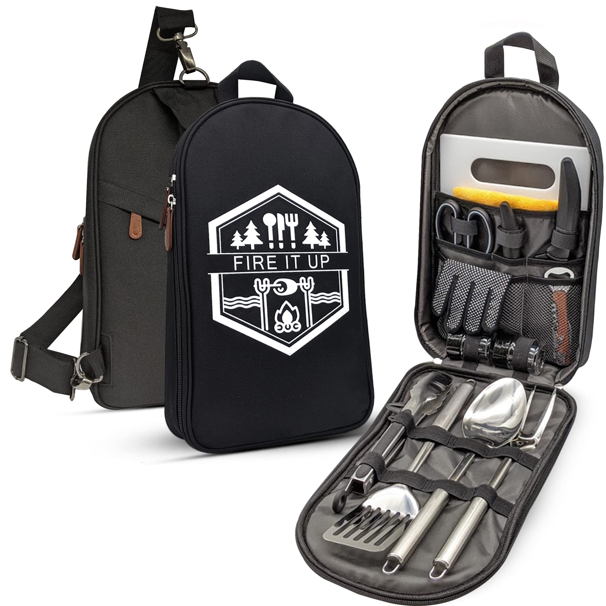 BOMKI 14-Piece Camping Cooking Utensil Set - Stainless Steel BBQ Grill Tools with Carrying Case for Outdoor, Picnic, Backpacking & Campfire Cooking | Essential Camping Gear for Grilling, Hiking & RV Trips