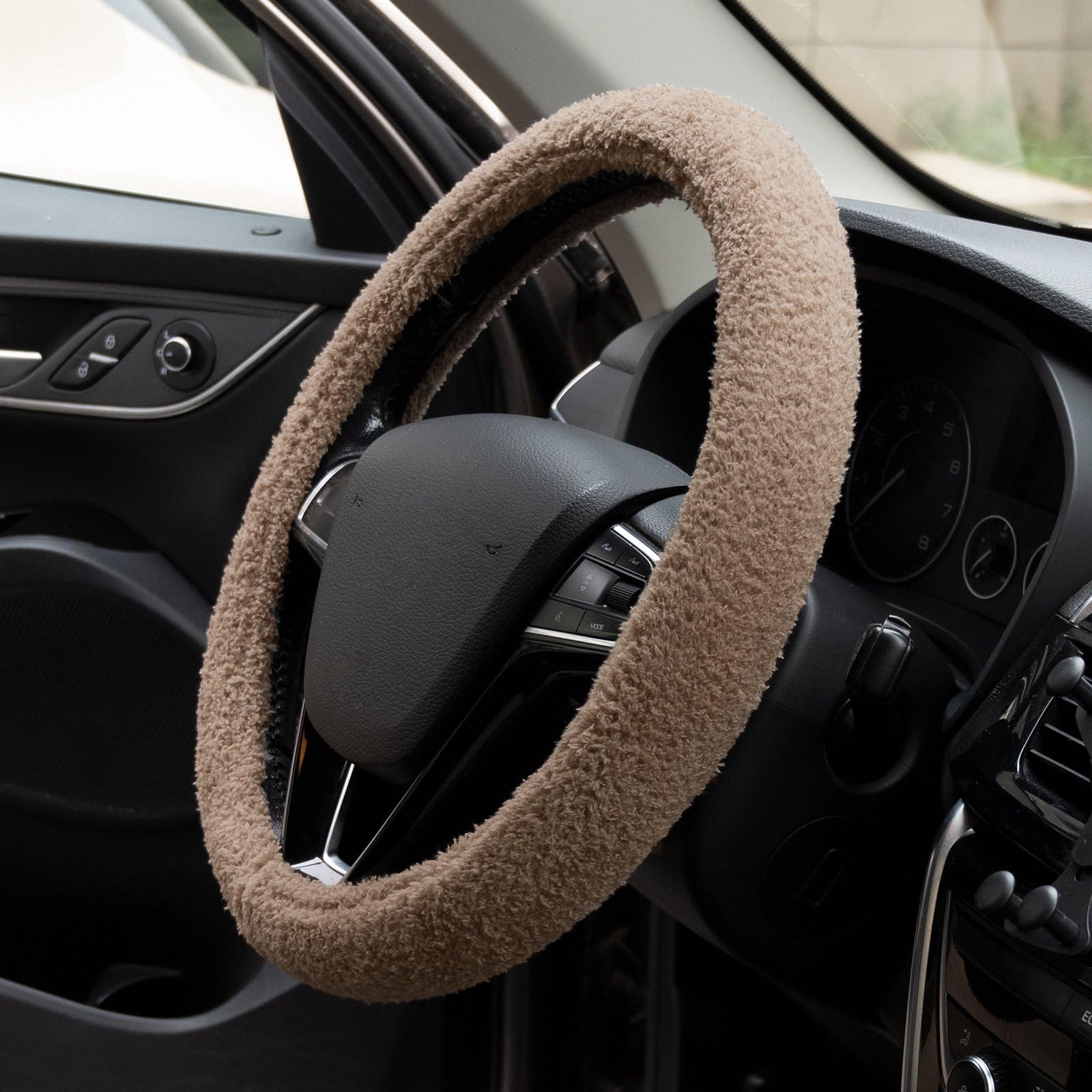 Fluffy Brown 15 Inch Universal Steering Wheel Cover - Soft & Cute Car Accessories for Women, Girls | Perfect for Winter Warmth & Stylish Car Decor