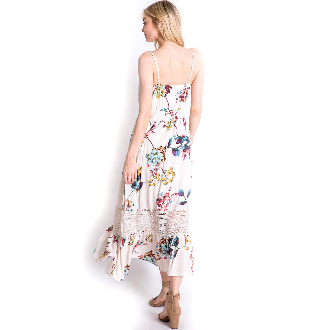 Cream Floral Maxi Sun Dress with Crochet Lace Detail & Spaghetti Straps - Medium Size | Boho Summer Beach Dress for Women, Perfect for Vacations, Weddings & Outdoor Parties