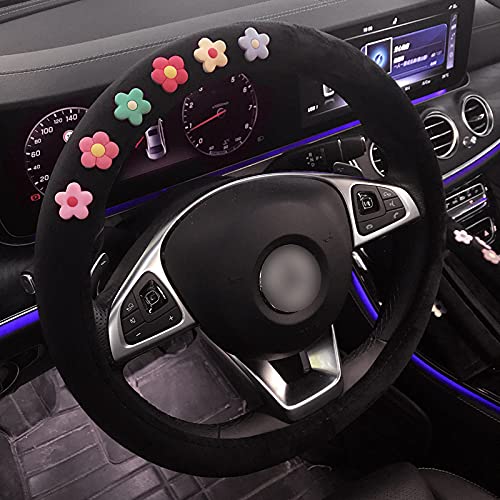 Cute Daisy Flower Car Steering Wheel Cover & Seat Belt Pad - Soft Gear Shift Cover for Women, Girls Auto Interior Accessories | Perfect for Summer Road Trips & Daily Commute