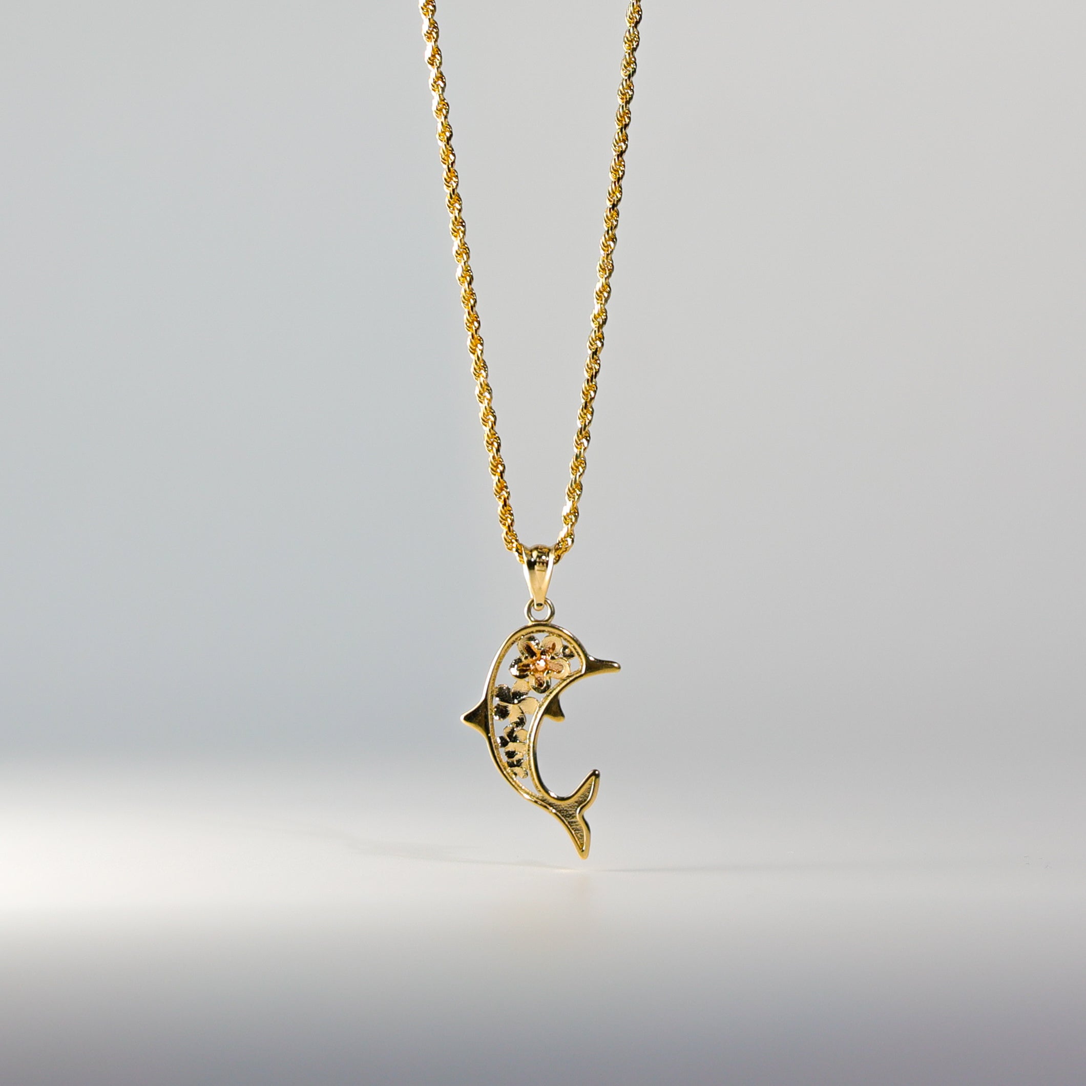 Gold Hawaiian Flower & Dolphin Pendant Necklace - Model 2549 | Elegant Jewelry Gift for Women, Beach Vacation & Hawaiian Theme Parties
