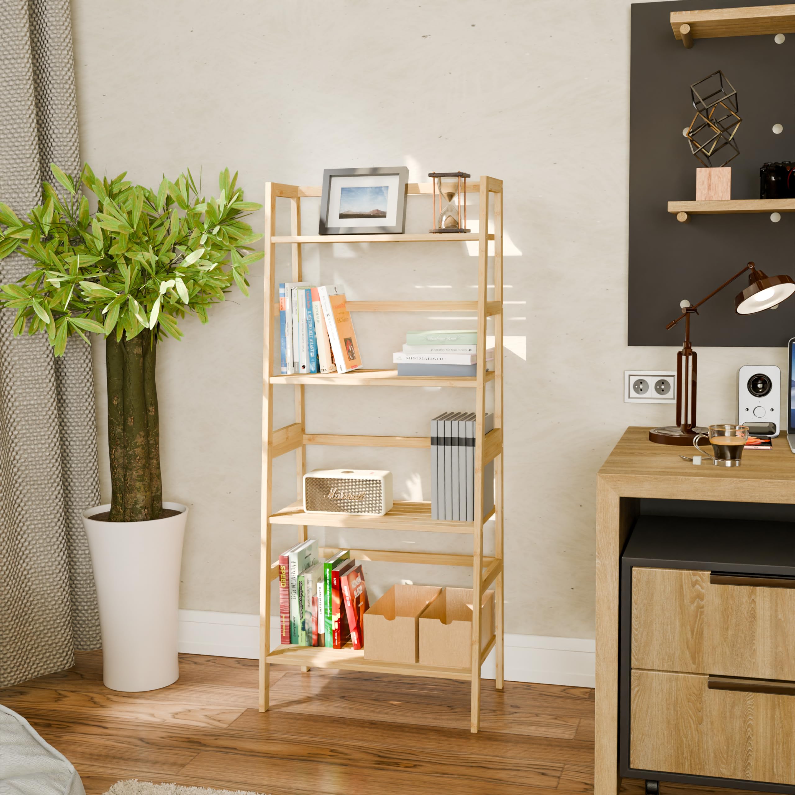 HITNET 4-Tier Bamboo Ladder Shelf - Leaning Bookcase & Storage Organizer for Books, Plants & Home Decor | Freestanding Display Rack for Living Room, Office, Kitchen | Natural Wood Finish | Space-Saving Home & Office Storage Solution