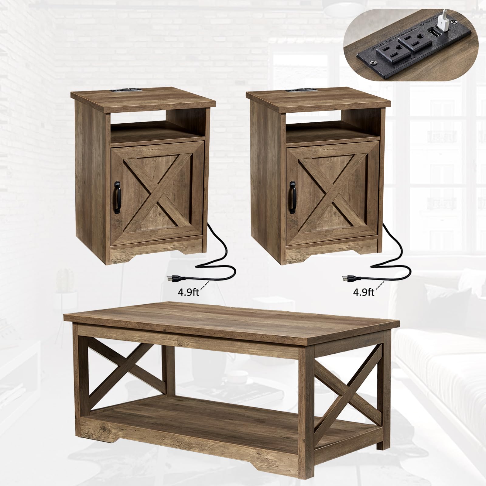 Farmhouse Coffee Table Set with 2 End Tables & USB Charging Station - Rustic Barnwood Living Room Furniture for Home Decor & Entertainment Areas