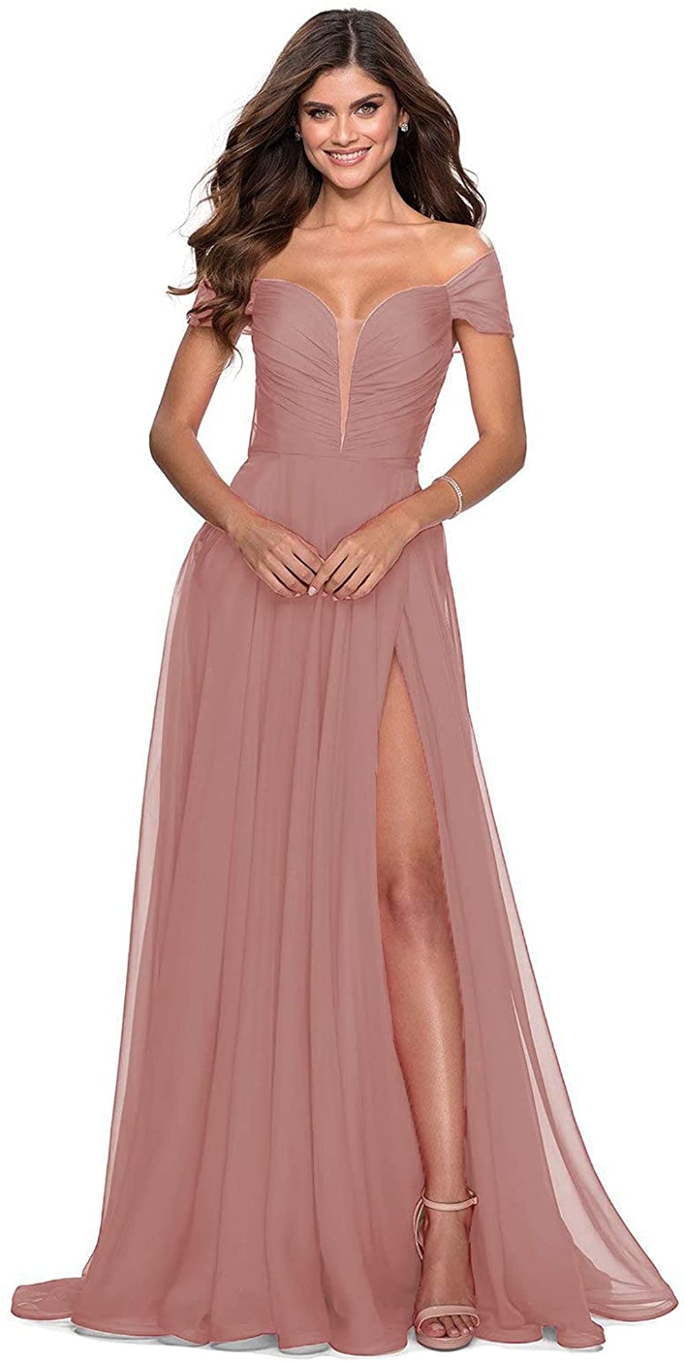 **Elegant Chiffon Bridesmaid Dresses 2024 – Off-Shoulder High Slit Pleated A-Line Long Prom Gowns for Women | Formal Wedding, Evening Party & Special Occasions**