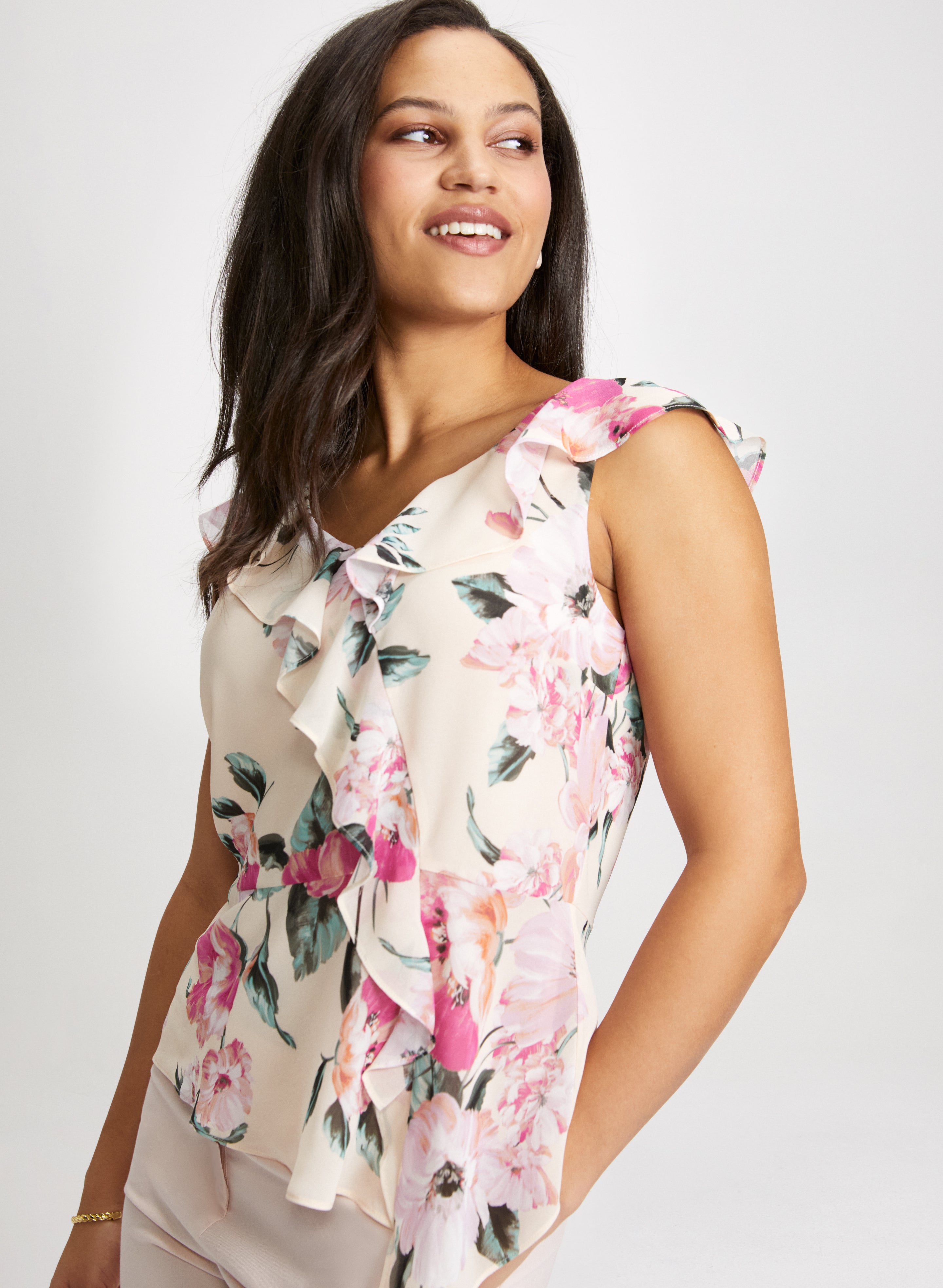 Floral Print Ruffle Blouse for Women - Elegant Flowy Tops with Ruffled Sleeves - Perfect for Spring Summer Outfits, Office Wear & Date Nights