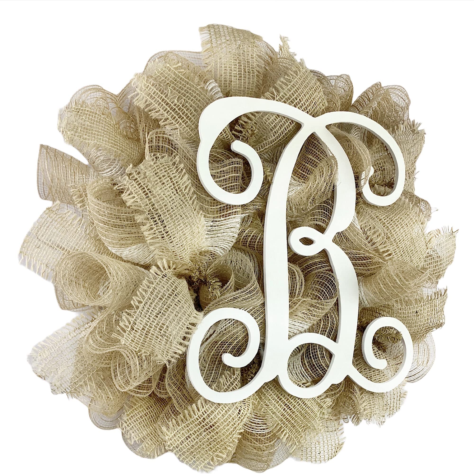 Natural & Ivory Deco Mesh Monogram Wreath - Farmhouse, Country, Coastal Decor - Classic Letter G Wreath for Front Door, Wall, Wedding & Home Decorating Styles