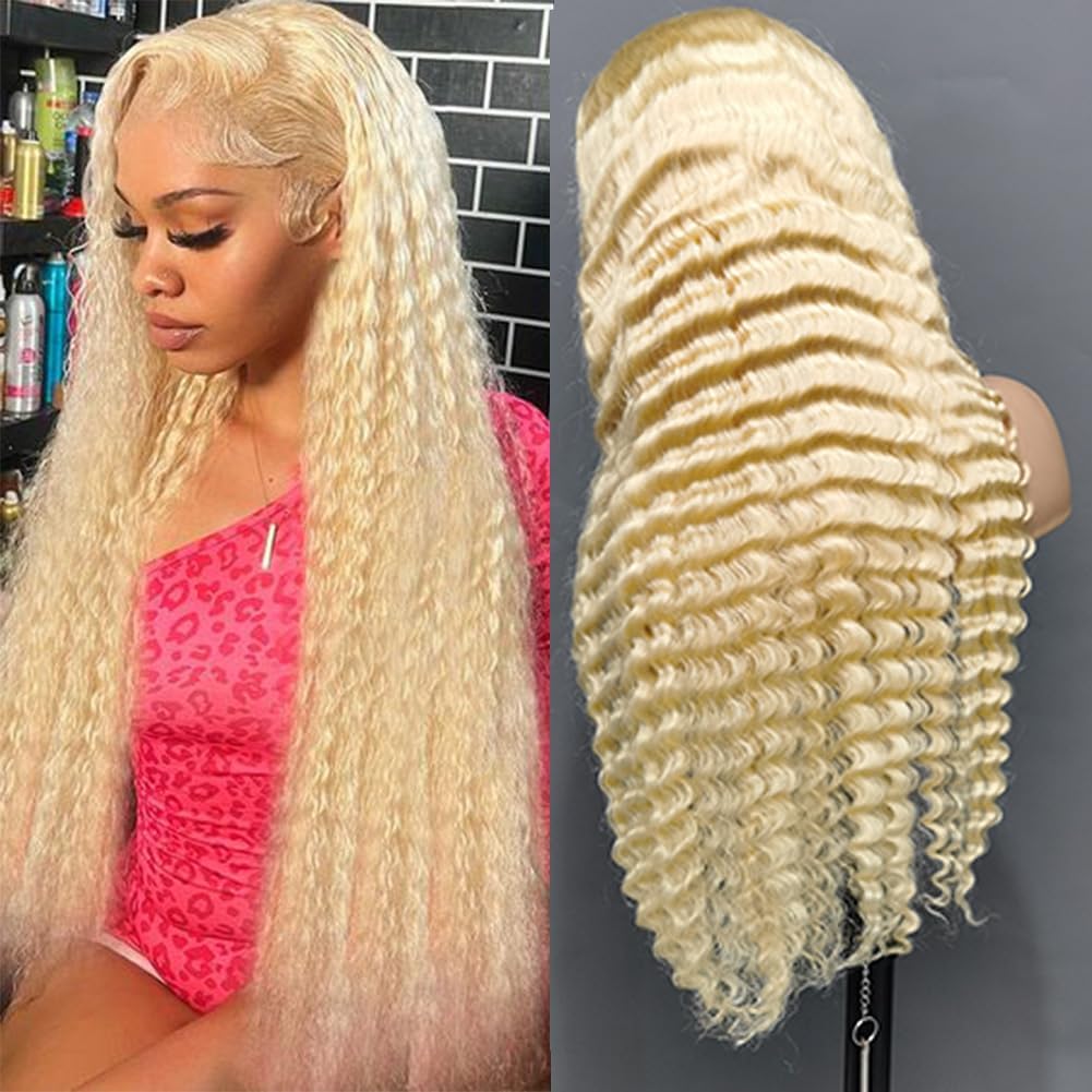 613 Blonde 13x6 HD Lace Front Wig - 180% Density Human Hair Deep Wave Glueless Wig with Pre-Plucked Hairline & Transparent Lace for Women | 22 Inch Length | Perfect for Cosplay, Daily Wear & Special Occasions