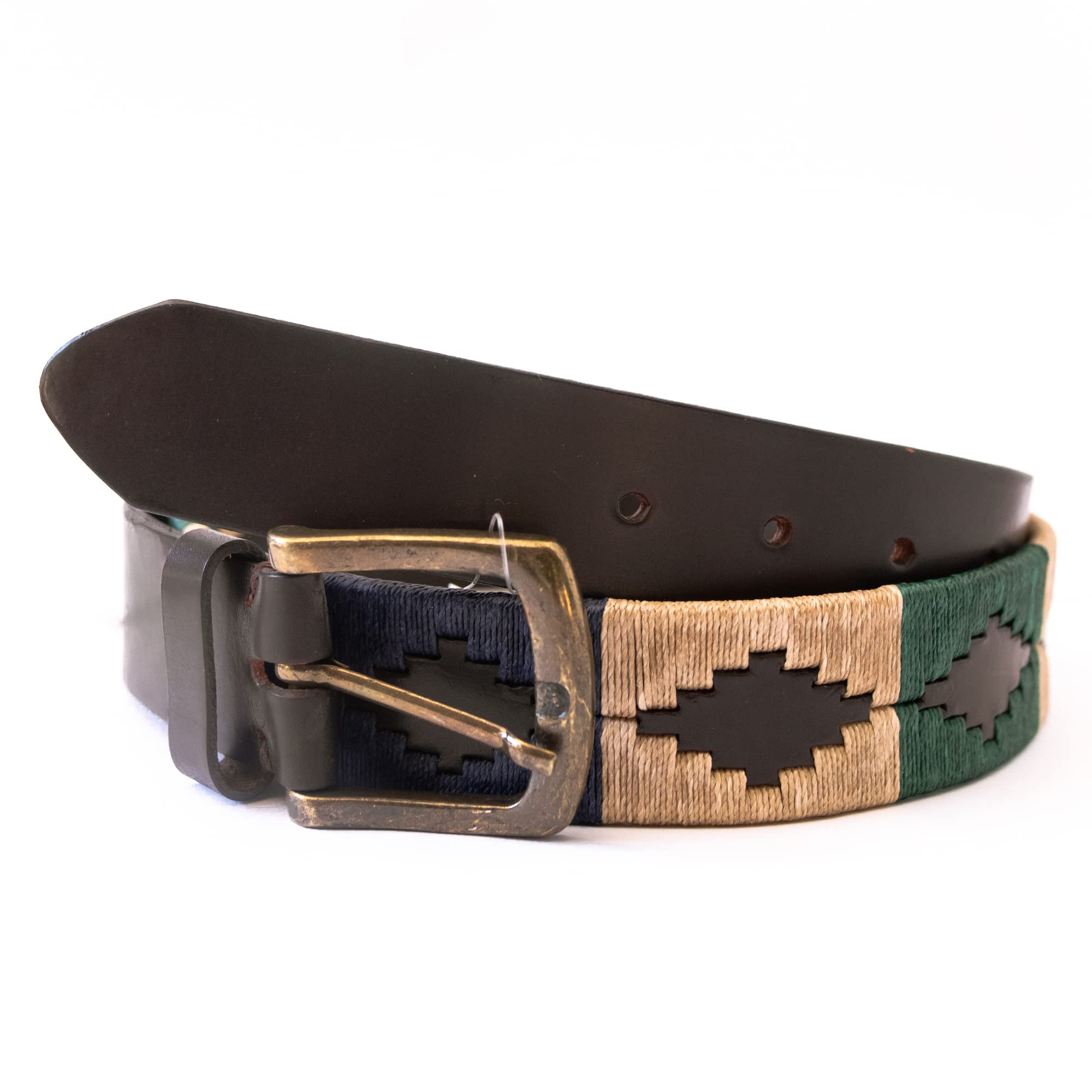 Premium Argentine Raw Brown Leather Belt for Men & Women - Handmade Pampa Style with Blue, Beige & Green Fancywork - Perfect for Western Wear, Casual Outfits & Cowboy Fashion