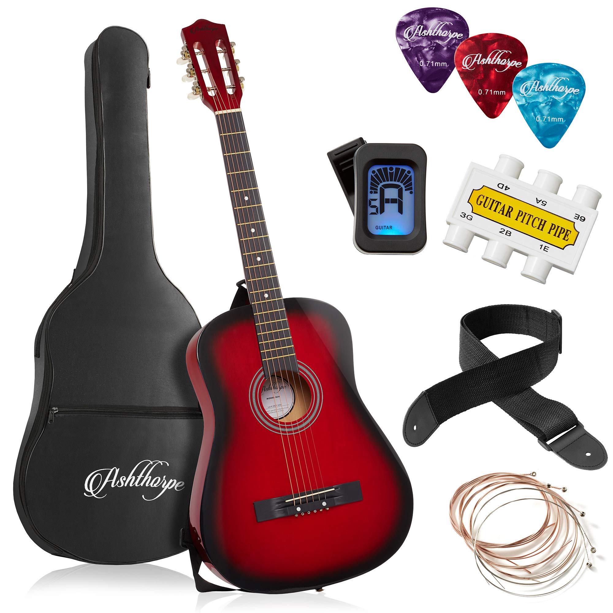 Ashthorpe 38-inch Beginner Acoustic Guitar Starter Kit (Red) - Includes Gig Bag, Strings, Strap, Tuner, Picks & More - Perfect for Kids, Teens & Adult Beginners Learning Guitar at Home, School or Camp
