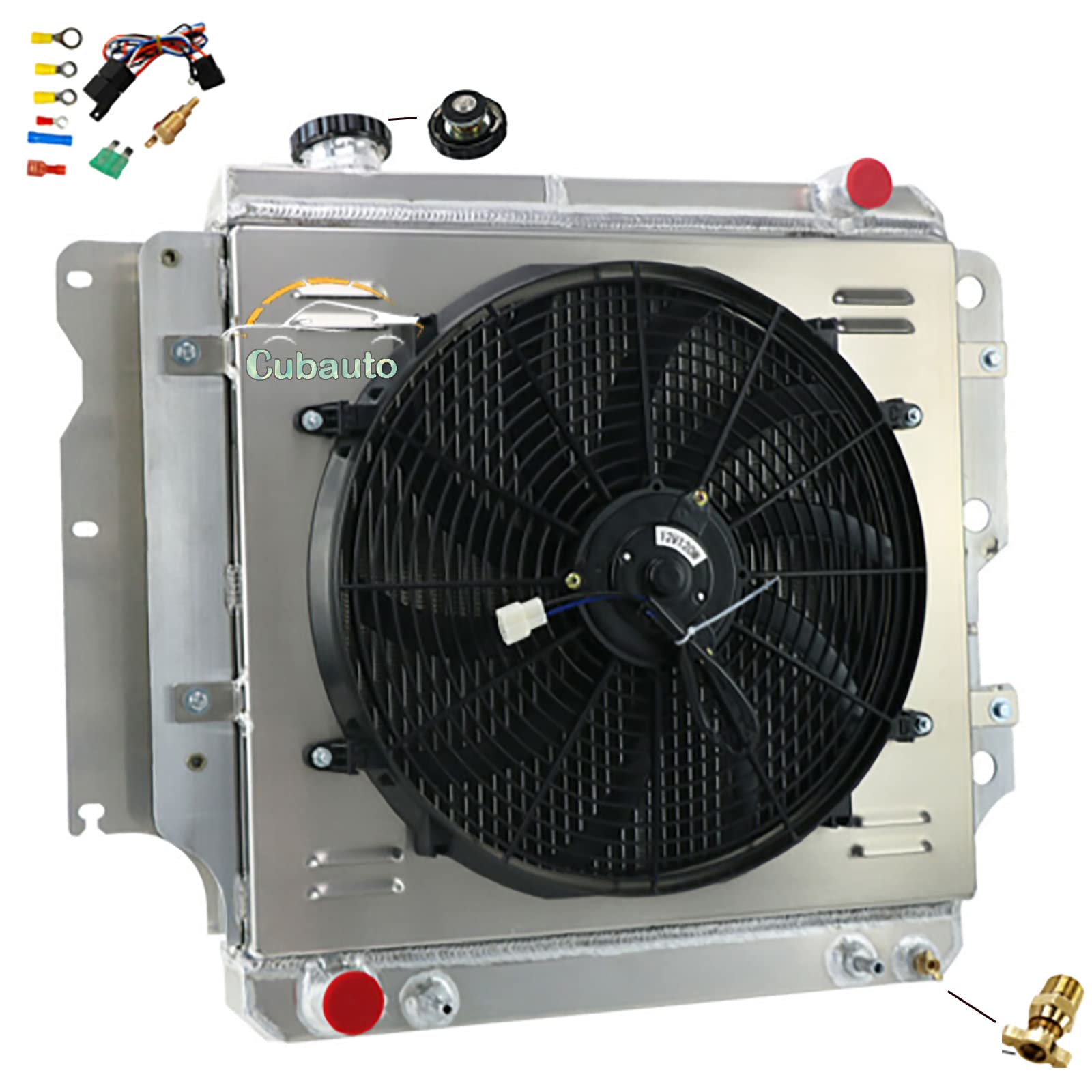 3 Row Aluminum Radiator for 1987-2006 Jeep Wrangler YJ/TJ 2.4L 2.5L 4.2L 4.0L Engine - Full Aluminum Cooling System with Shroud Fan & Relay Kit - Perfect for Off-Roading, Overheating Prevention & Engine Performance Upgrade