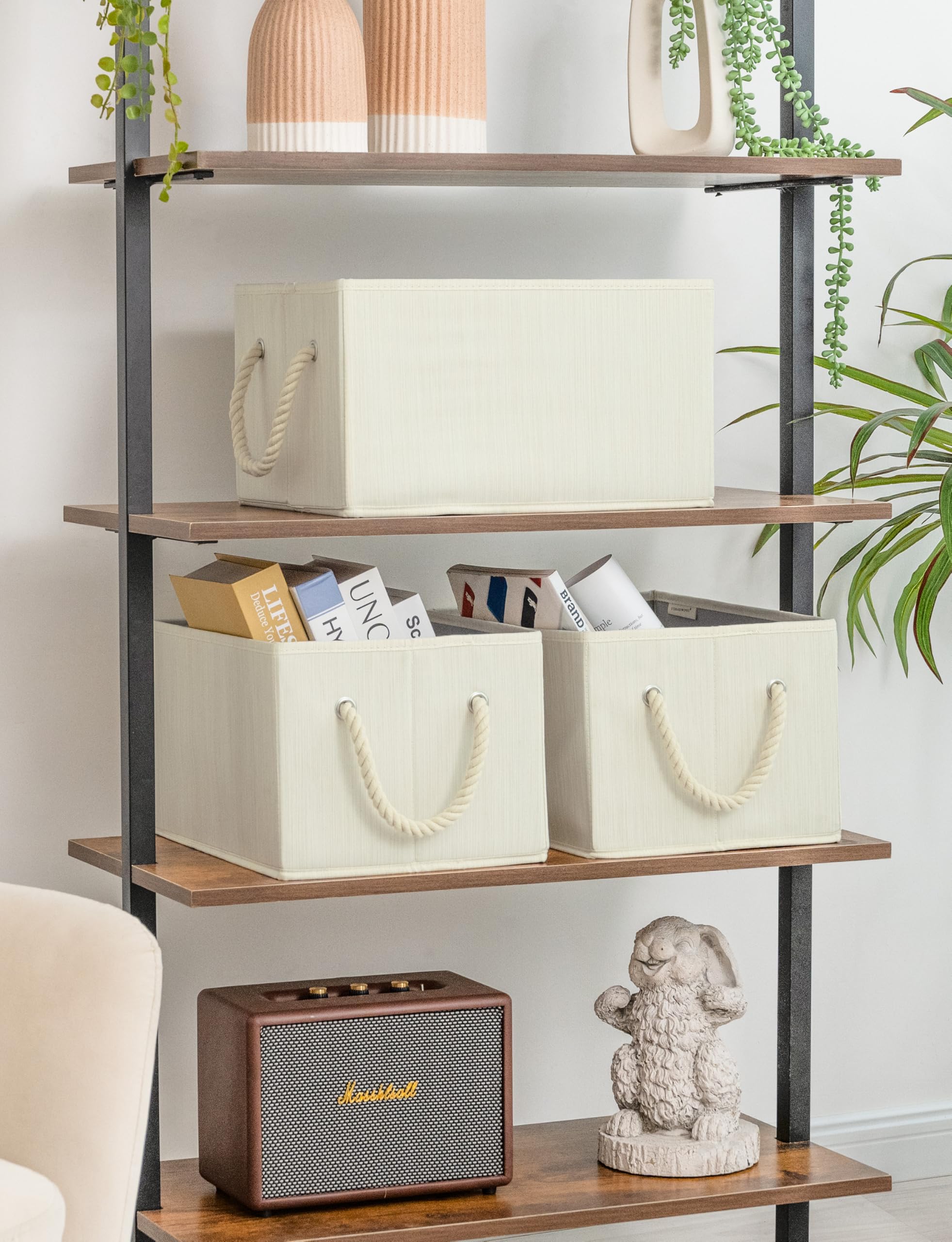 Foldable Fabric Storage Baskets with Handles - 3-Pack Medium Closet Organizer Bins for Shelves (Beige, White & Ivory) | Perfect for Bedroom, Closet & Kids Room Organization