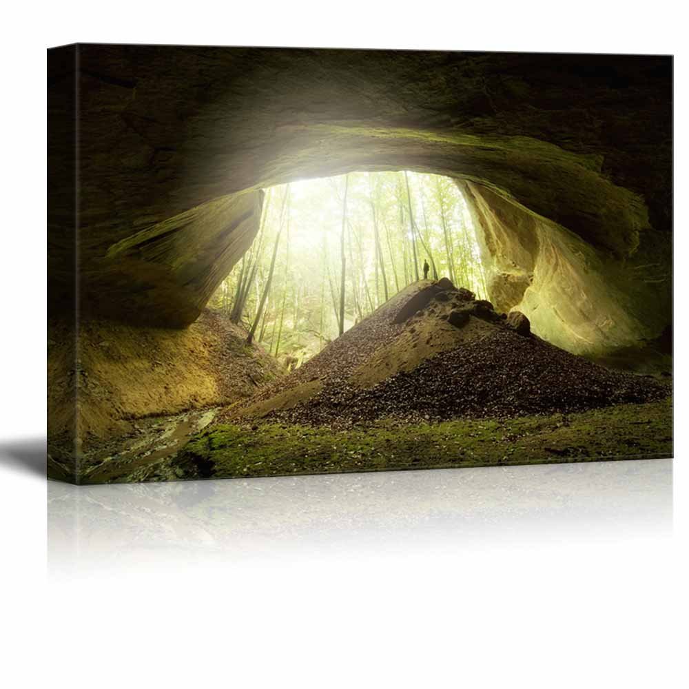 Big Cave with Explorer Standing at Entrance - Stretched Canvas Wall Art Print 32x48 Inches | Modern Home Decor, Giclee Printing, Ready to Hang | Perfect for Living Room, Bedroom & Office Decor