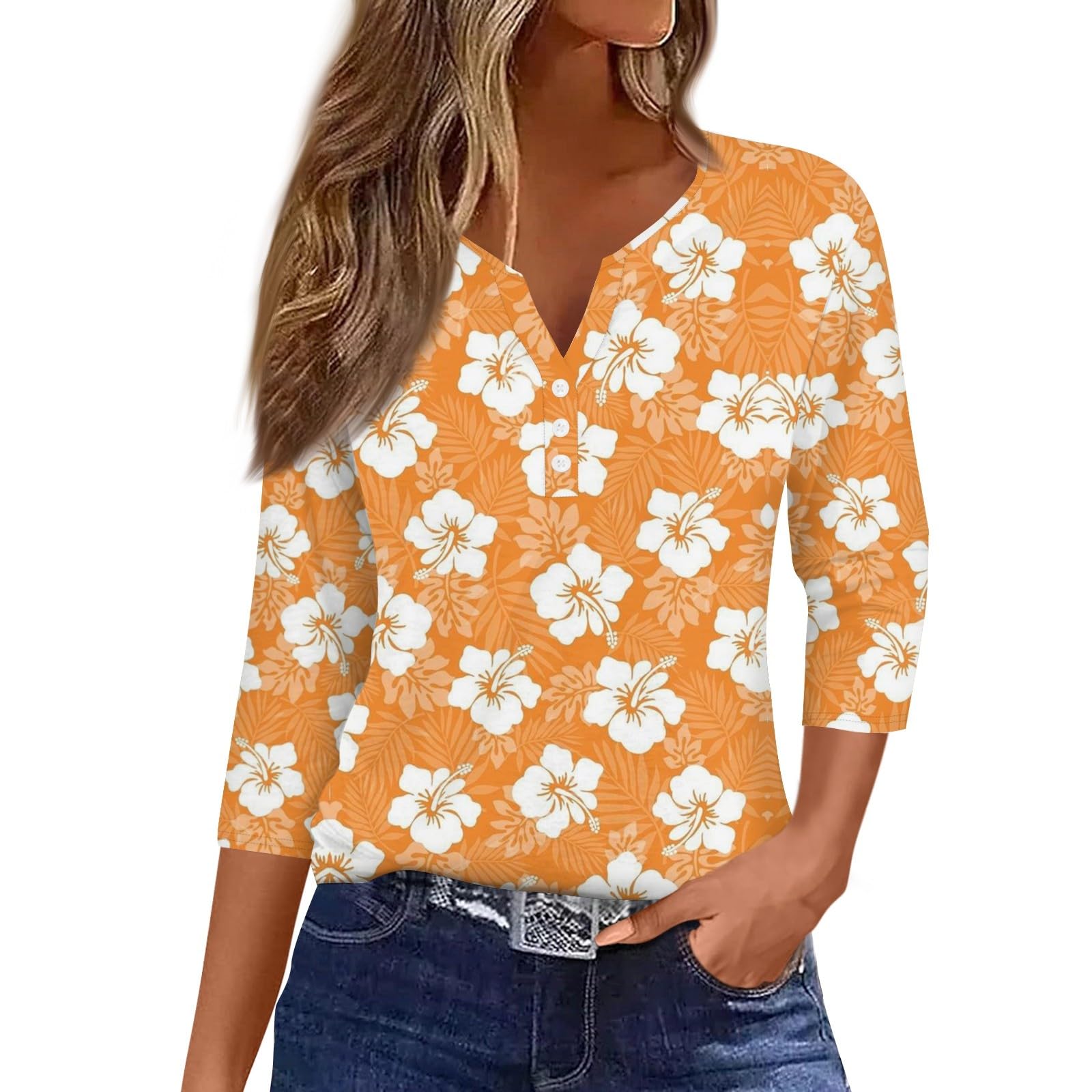 Trendy 3/4 Sleeve V-Neck Floral Blouse for Women - Loose Fit Casual Summer Top 2024 - Perfect for Beach Outings, Date Nights & Office Wear