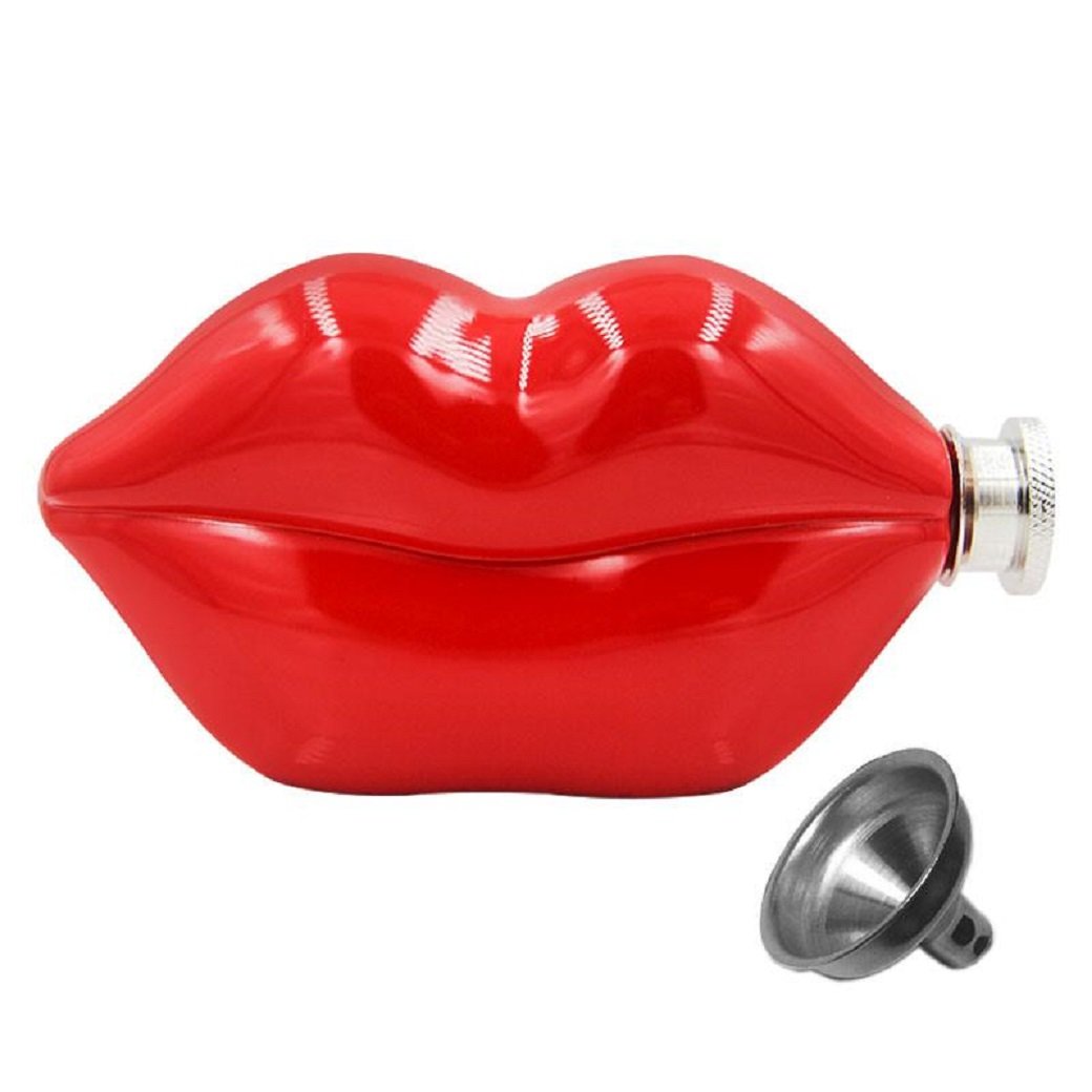Hot Lips 5 oz Stainless Steel Flask with Funnel - Leakproof Travel Liquor Container for Outdoor, Camping & Parties | Portable Whiskey Flask Gift for Men & Women