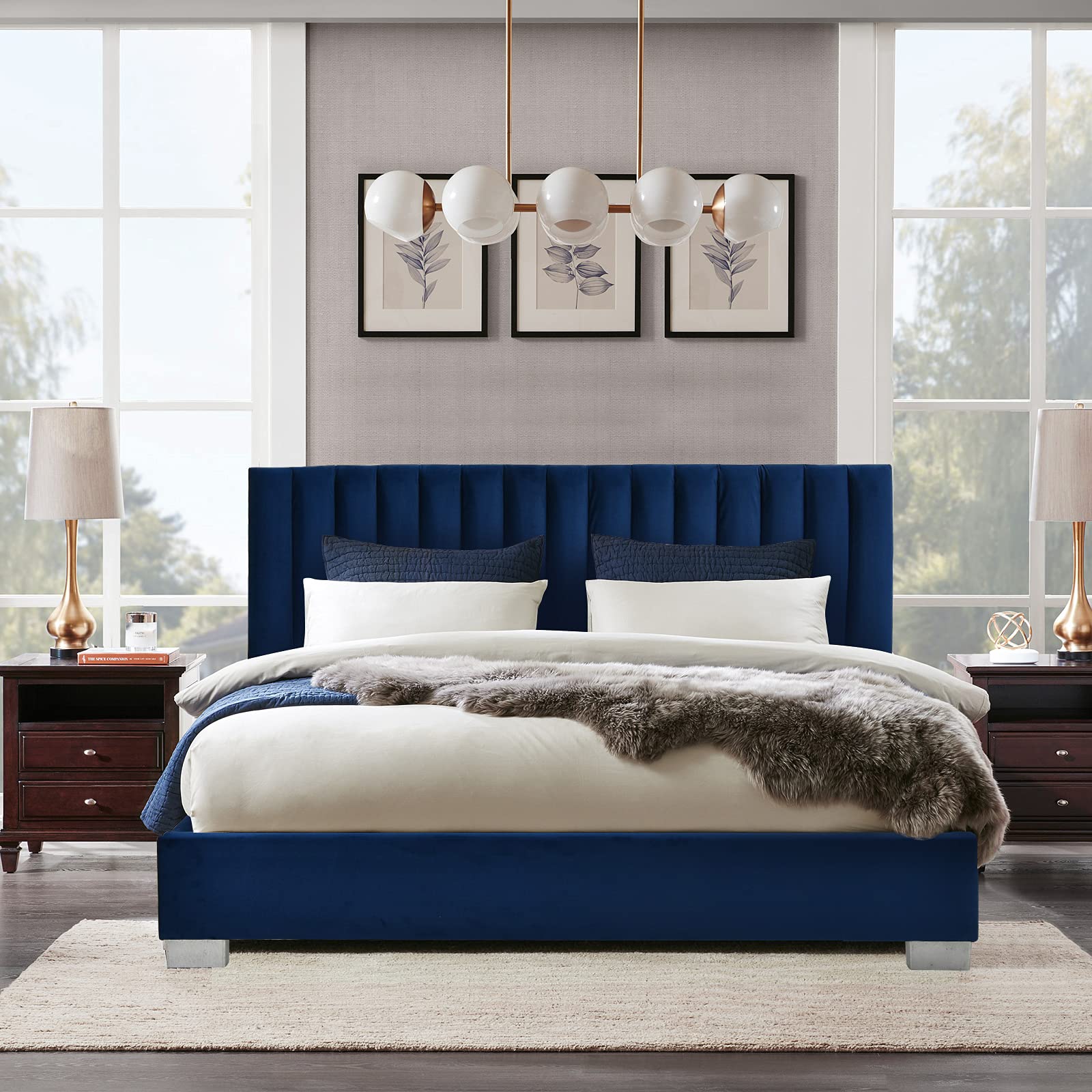 Giantex Full Size Bed Frame with Headboard - Vertical Tufted Upholstered Platform Bed with Heavy Duty Wood Slats Support | No Box Spring Needed | Easy Assembly | Navy Blue | Perfect for Modern Bedrooms, Guest Rooms & Small Spaces