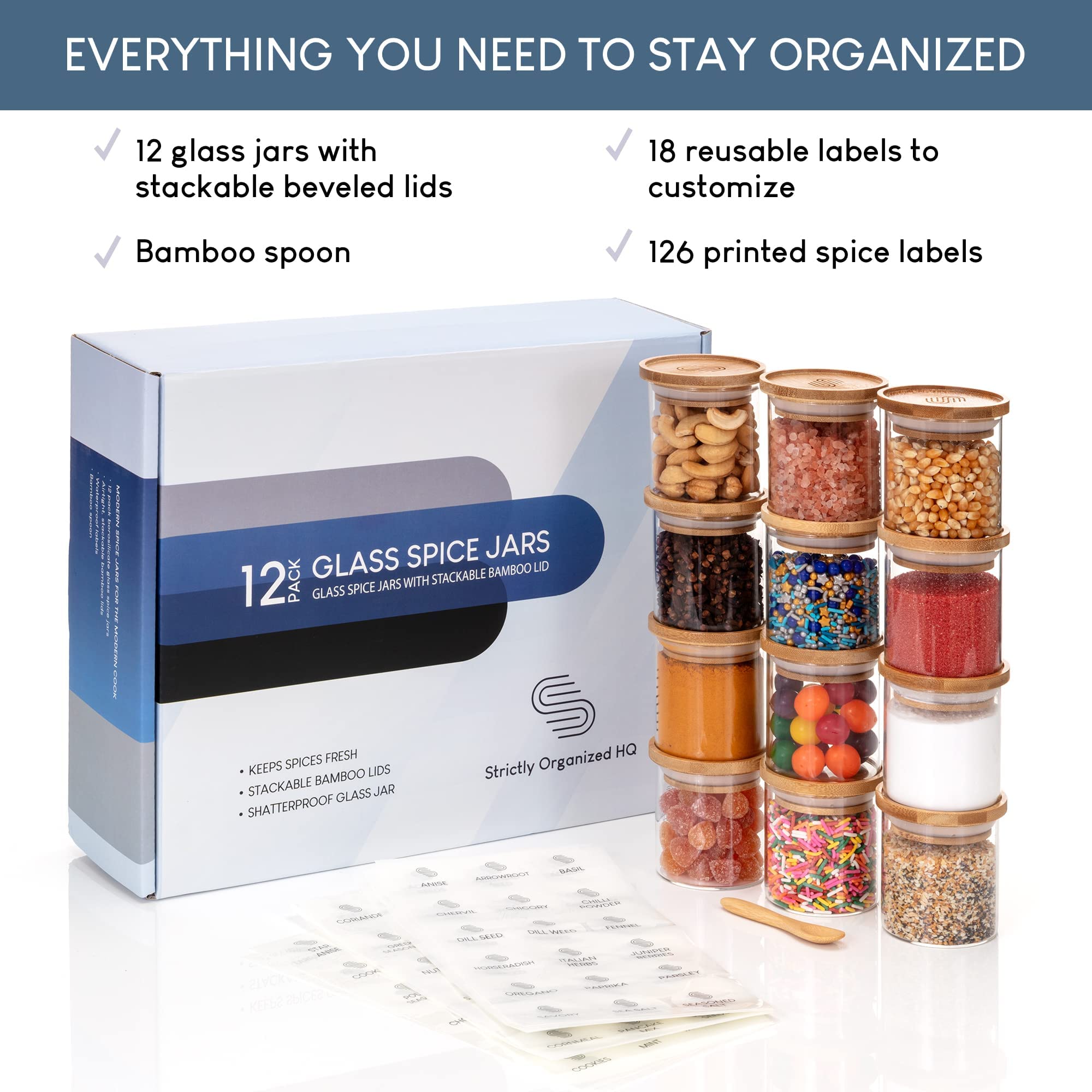 12-Piece Glass Spice Jars with Bamboo Lids - 5 oz Airtight Storage Containers for Kitchen Pantry Organization | Stackable Shatterproof Canisters for Herbs, Spices, Candy & Dry Food | Perfect for Home Cooking, Baking & Meal Prep